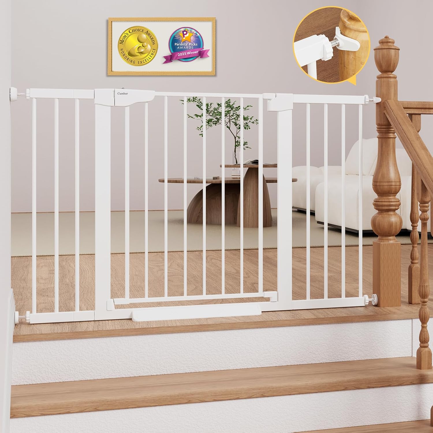 Cumbor 29.7–51.5″ Extra Wide Baby Gate for Stairs, Pressure-Mounted Dog Gates for Doorways & Hallways, Auto-Close Walk-Through, No-Trip Design, Child Proof Safety, Dog/Pet Gate for Indoor Use, White