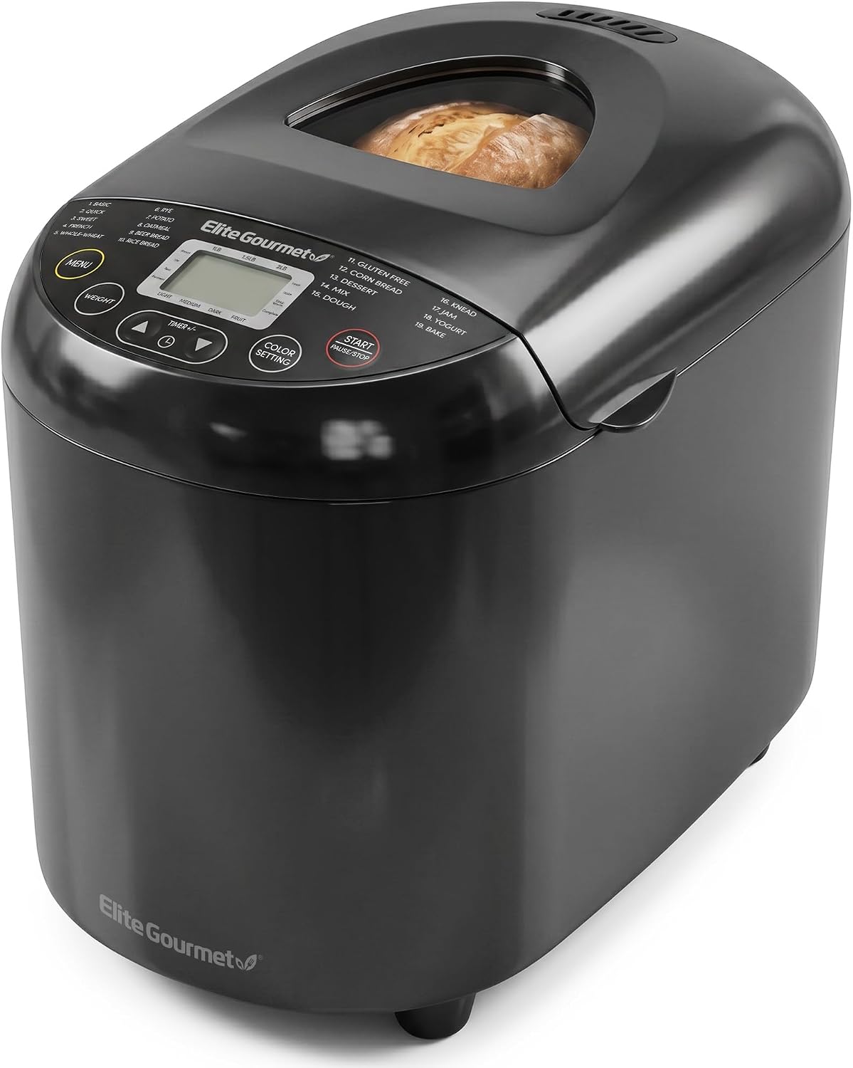 Elite Gourmet Programmable Bread Maker, 2 lb Loaf, 3 Sizes, 19 Presets incl. Gluten-Free, Dough & Jam, Delay Timer, Black