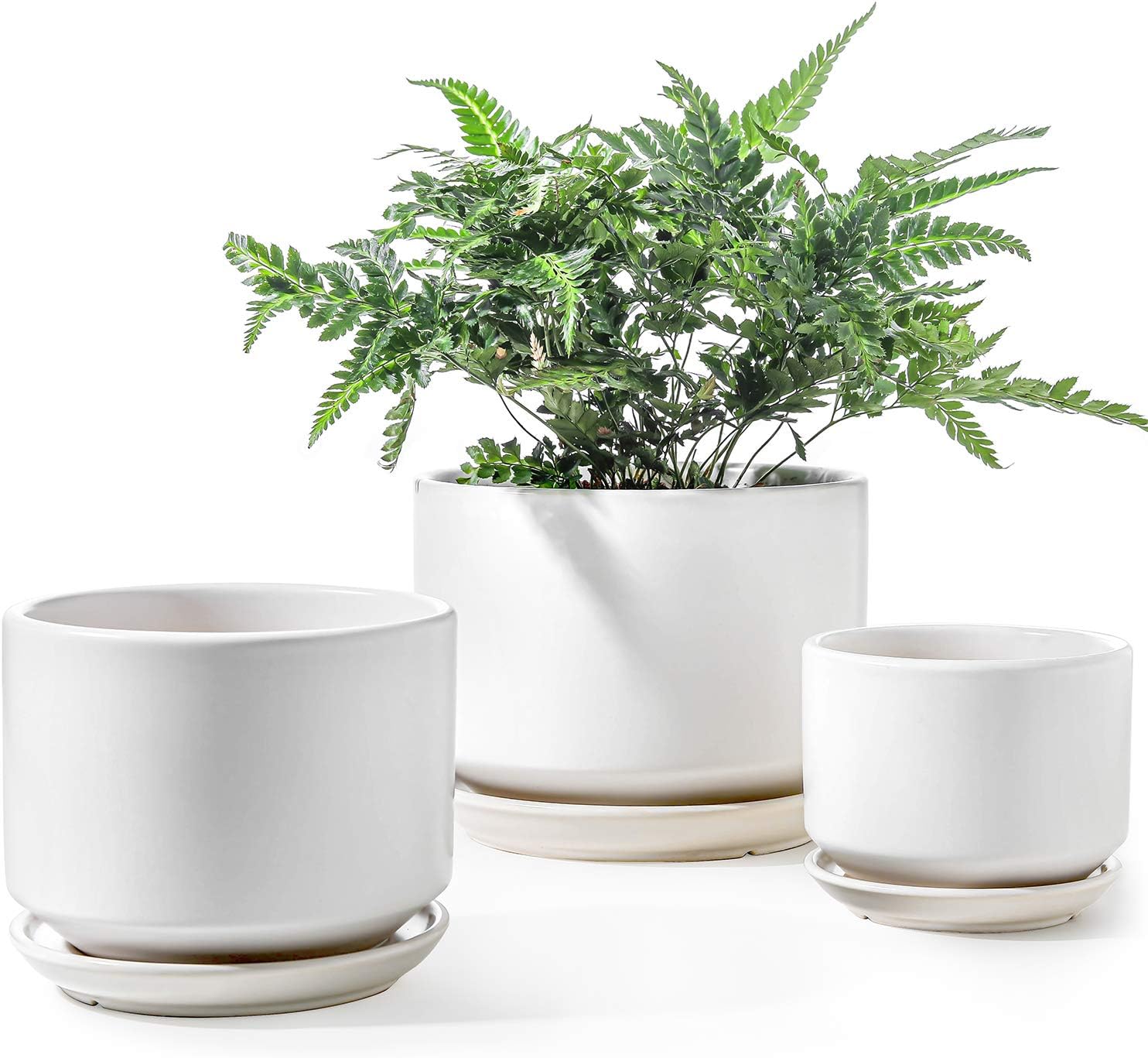 LE TAUCI Ceramic Pots for Plants, 4.3+5.3+6.8 Inch Plant Pots, Indoor Planters with Drainage Hole and Saucer for Succulents, Herbs and Flowers, Set of 3, Satin, White