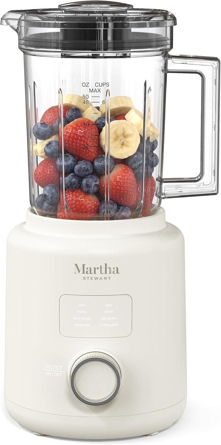 Martha Stewart 50oz Countertop Blender, Smoothie, Margarita & Ice Crushing Blender, BPA-Free Pitcher, 3 Speeds, 5 Presets, Auto-Clean Function, Dishwasher Safe, Stainless Steel Blades, Linen Cream