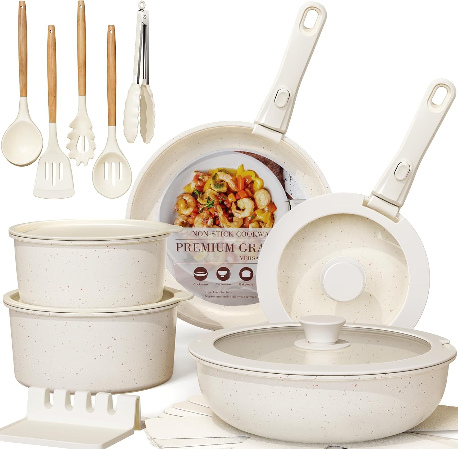 Astercook 21 Pcs Pots and Pans Set Non Stick, Ceramic Cookware Set Detachable Handle, RV Kitchen Cooking Set Removable Handles, Oven Safe, Induction Ready, Stackable, Cream, Fathers Day Gift for Men