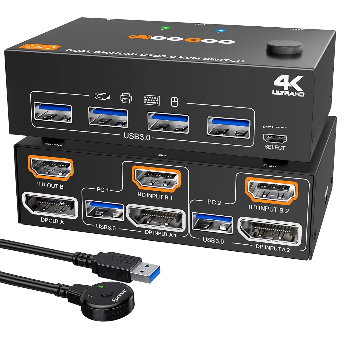 KVM Switch 2 Monitors 2 Computers 4K@60Hz,DP+HDMI USB3.0 Dual Monitor KVM Switches with 4 USB 3.0 Port,Wired Remote,USB3.0 Cables Included(4K60Hz 2 PC 2 Monitor KVM)