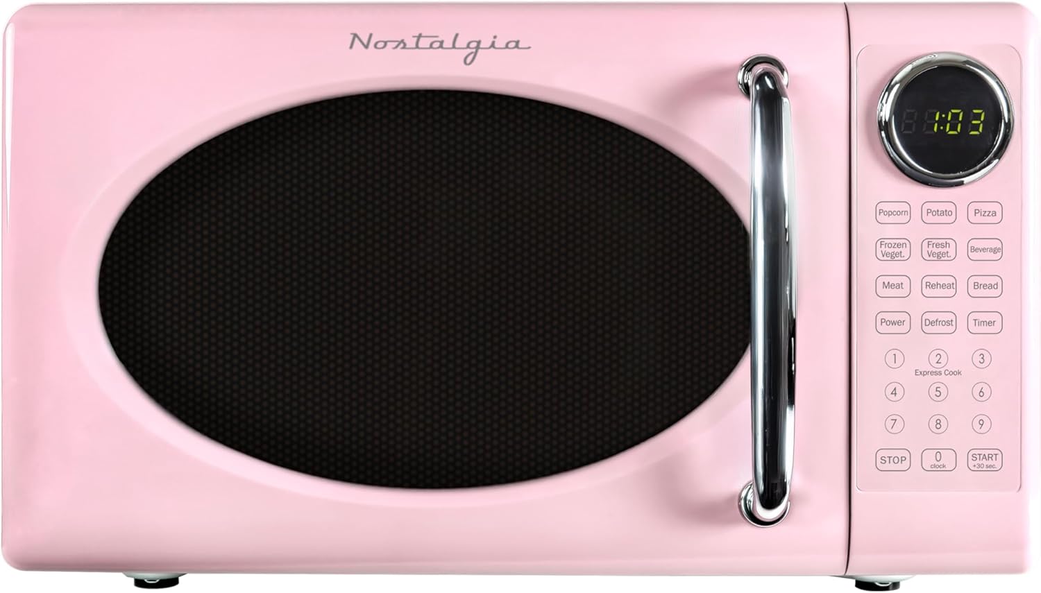 Nostalgia Retro Microwave Oven – 0.7 Cu Ft, 700-Watt Countertop Size with Glass Turntable, Child Safety Lock, 8 Auto-Cook Programs, Digital Clock – Pink
