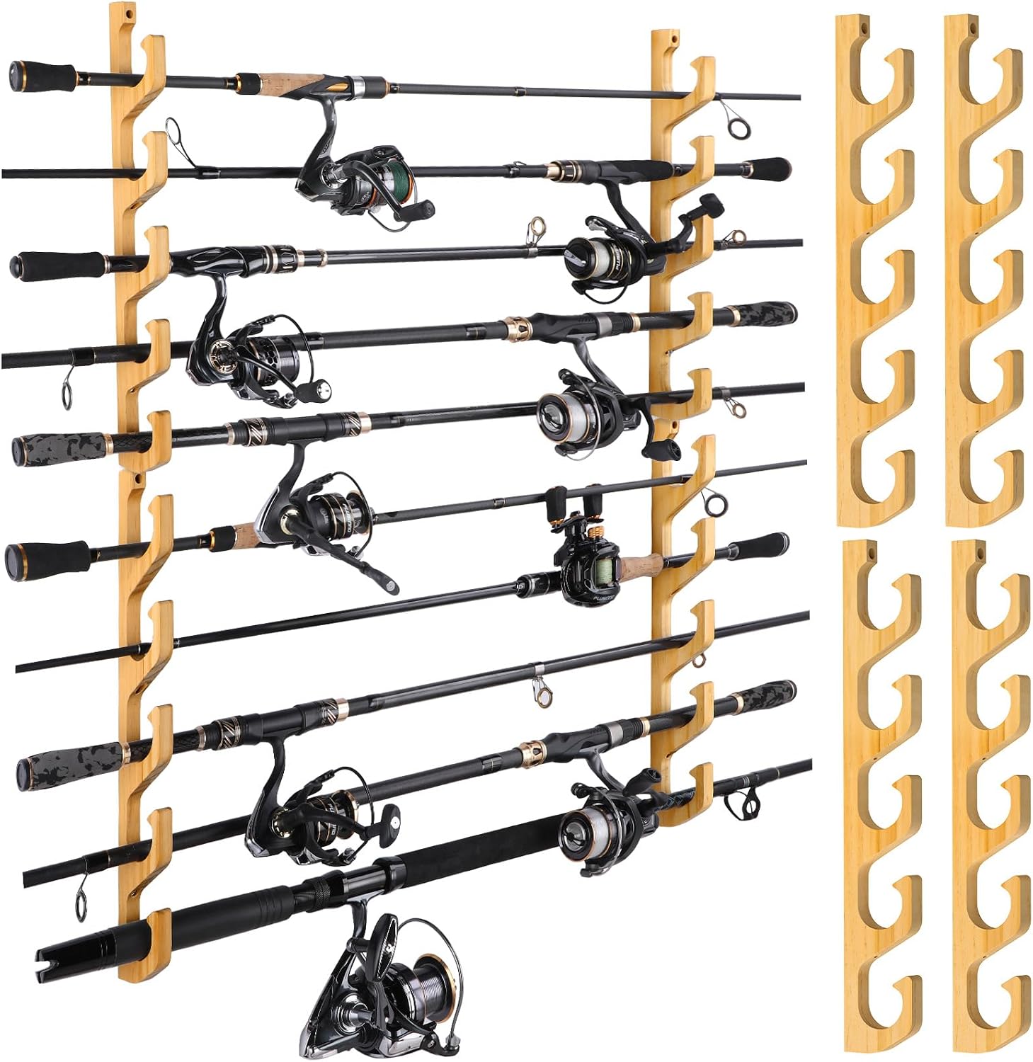 PLUSINNO H5W Horizontal Fishing Rod/Pole Holders for Garage, Wall or Ceiling Mounted Rack, Solid Wood Fishing Rod Holder Holds up to 5/10/20 Rods or Combos Fishing Gear, Gifts for Men
