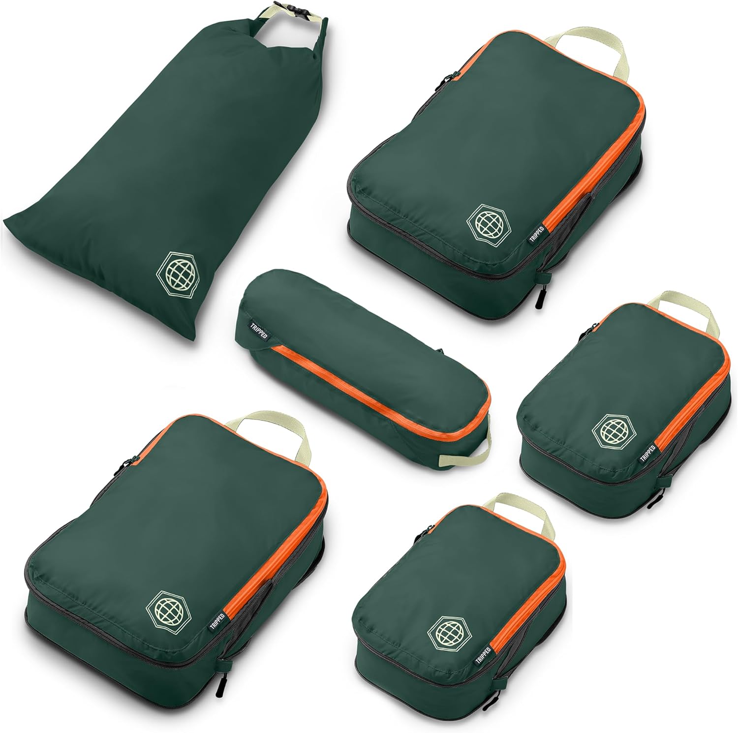 Compression Packing Cubes for Travel, 6-Piece Lightweight Packing Cubes Set for Carry-On Luggage & Backpacks – TRIPPED Travel Gear (Green and Orange)