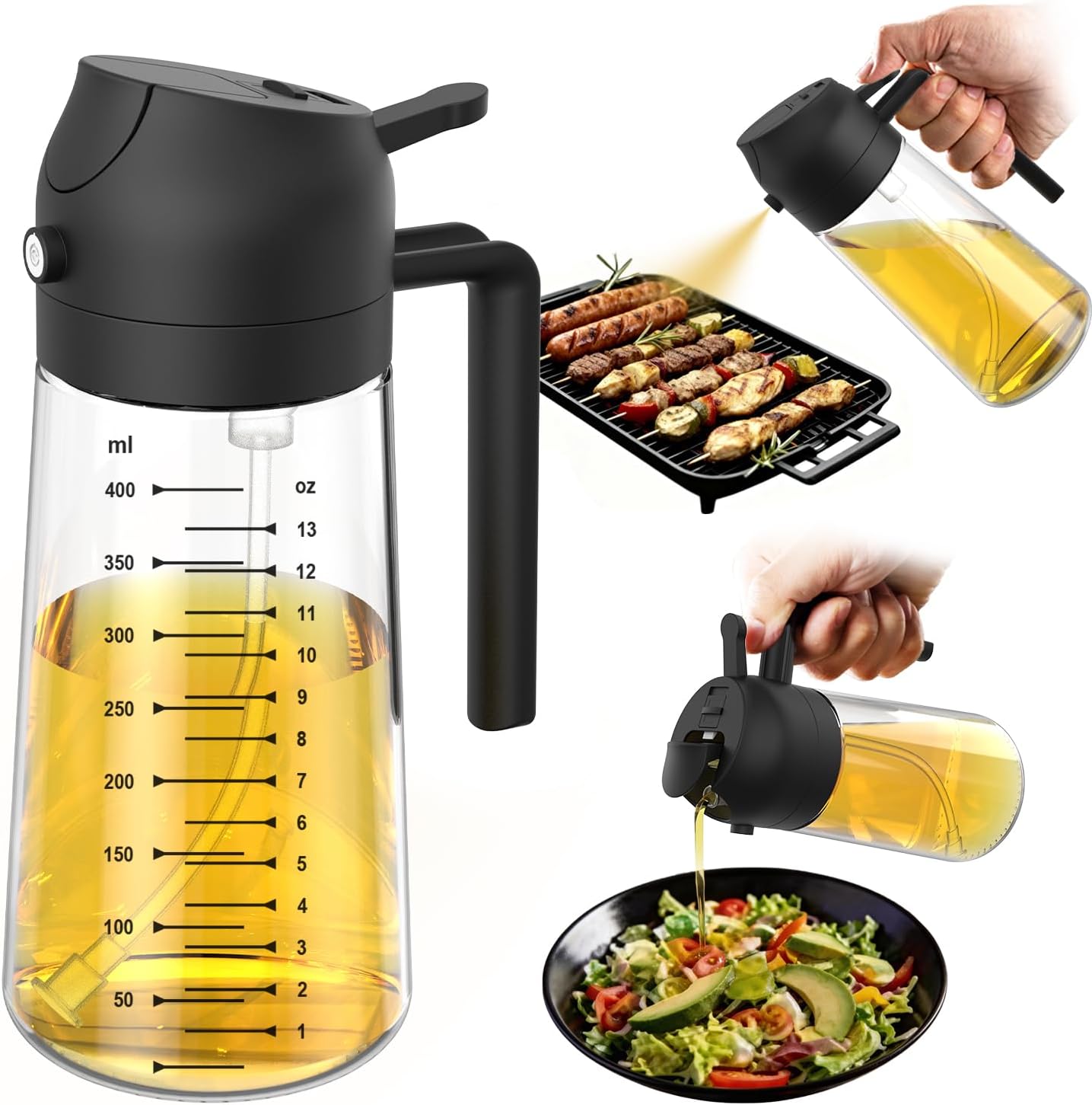 TrendPlain 16oz/470ml Glass Olive Oil Sprayer for Cooking – 2 in 1 Olive Oil Dispenser Bottle for Kitchen Gadgets and Air Fryer Accessories, Salad, BBQ – Black