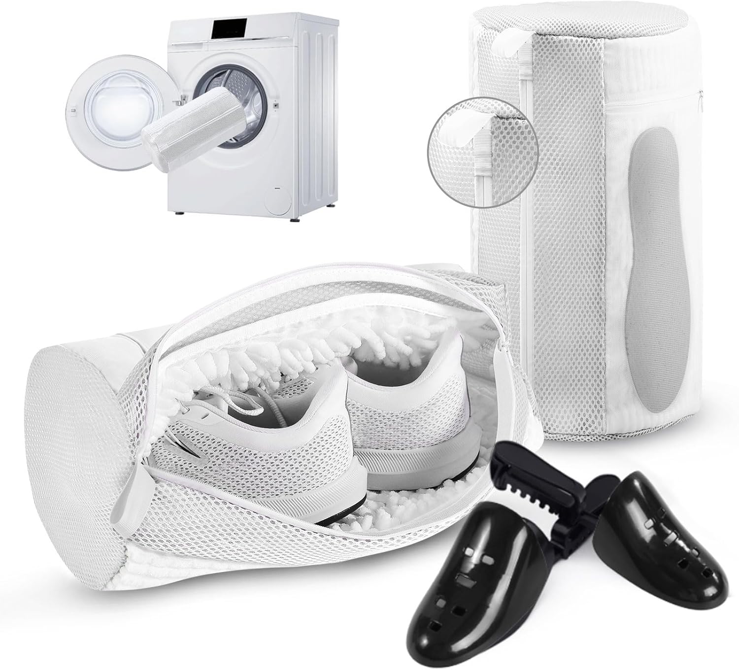 2PCS XXL Shoe Washing Machine Bag with Adjustable Shoes Trees – Heavy Duty Reusable Shoe Laundry Bag for Washer and Dryer – 360° Deep Clean & Protect Chenille Microfiber Sneakers Wash Bags – White