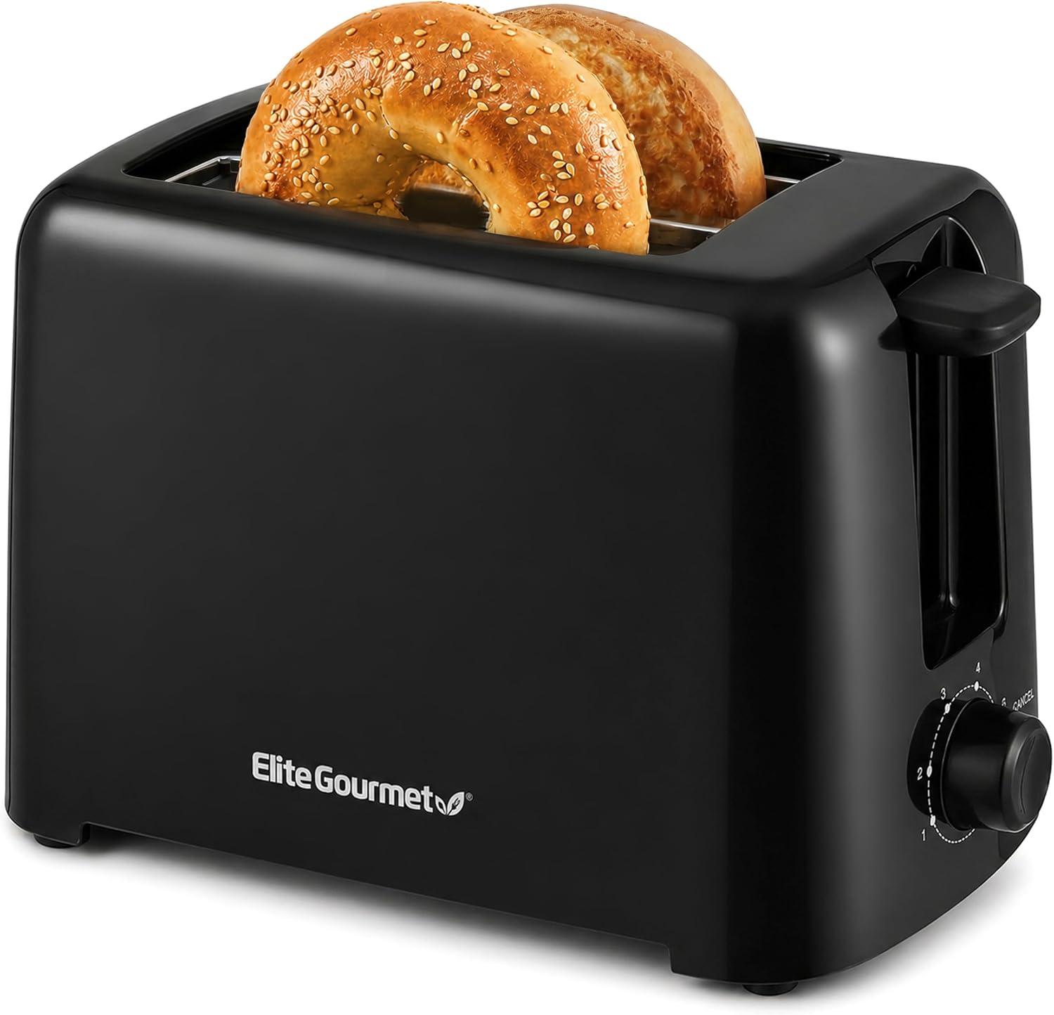 Elite Gourmet 2-Slice Cool Touch Toaster – 6 Browning Levels, Extra Wide 1.25” Slots for Bagels & Thick Bread, Cancel Function, Compact, ETL Certified, Black