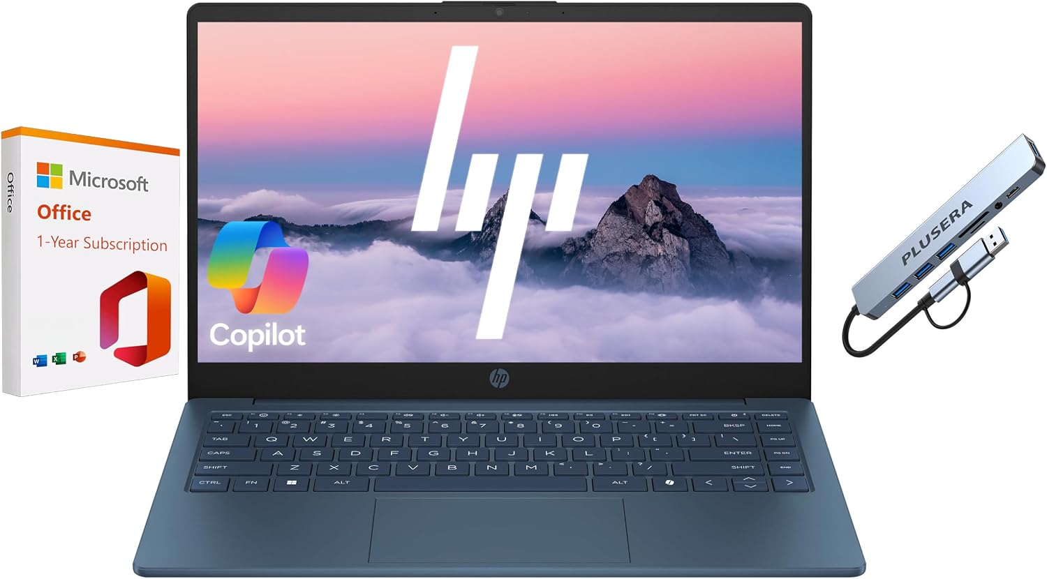 HP 14″ Business Laptop Computer with 1-Year Office 365, Intel Quad-Core N150 Processor, 640GB Storage (128GB UFS+512GB Docking Set), 16GB RAM, Windows 11 Home, Waterfall Blue
