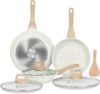 ESLITE LIFE Nonstick Ceramic Frying Pans Skillets Set with Lids, Non-Toxic Egg Omelette Kitchen Cooking Pans Compatible with All Stovetops (Gas, Electric & Induction), PTFE & PFOA Free (White)