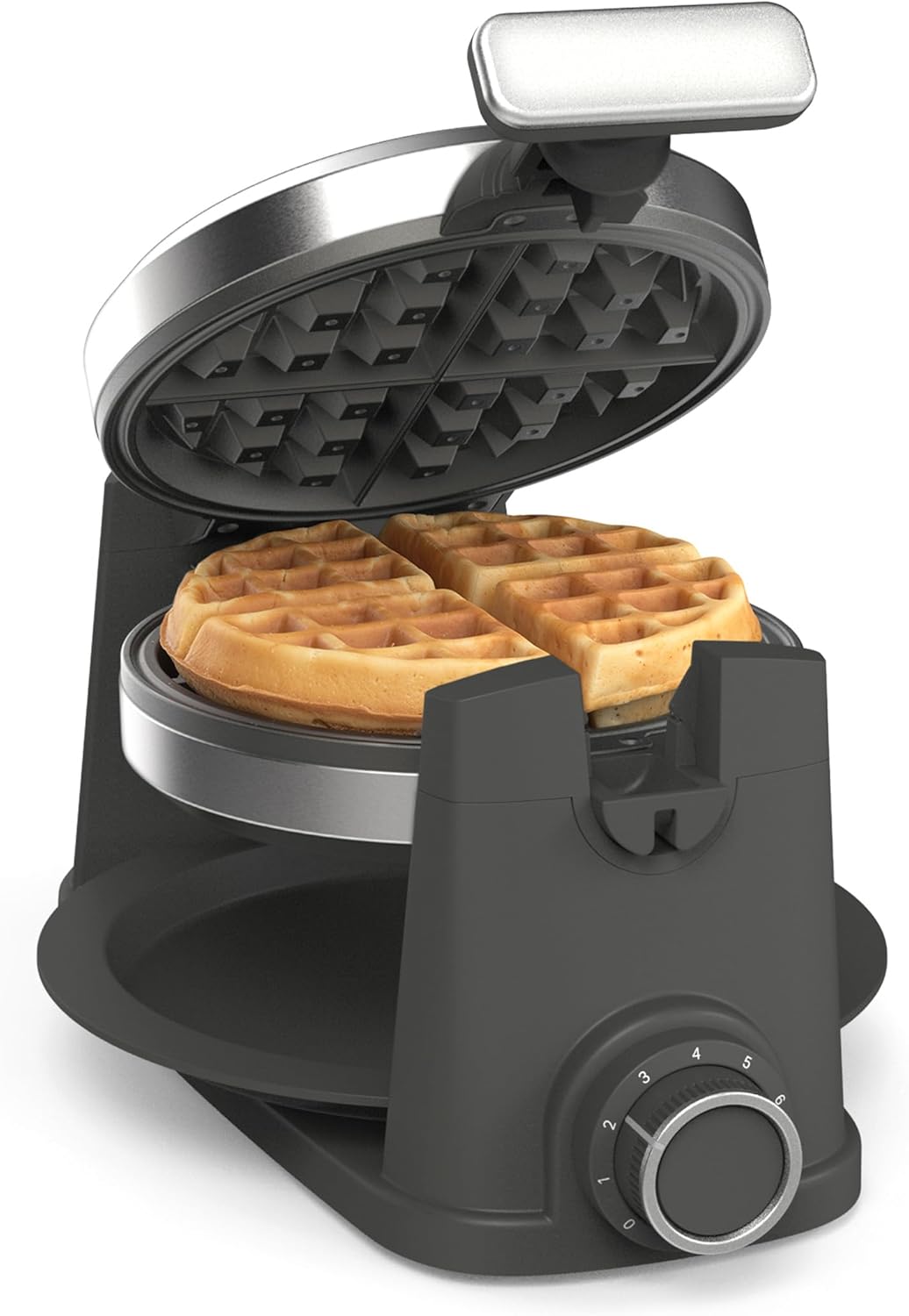 Martha Stewart Rotating Waffle Maker, 180° Flip Iron with PFAS-Free Nonstick Plates, Adjustable Timer, Ready Light, Drip Tray, Space Saving, Classic Round 7”, Easy to Clean, Stainless Steel, Caviar