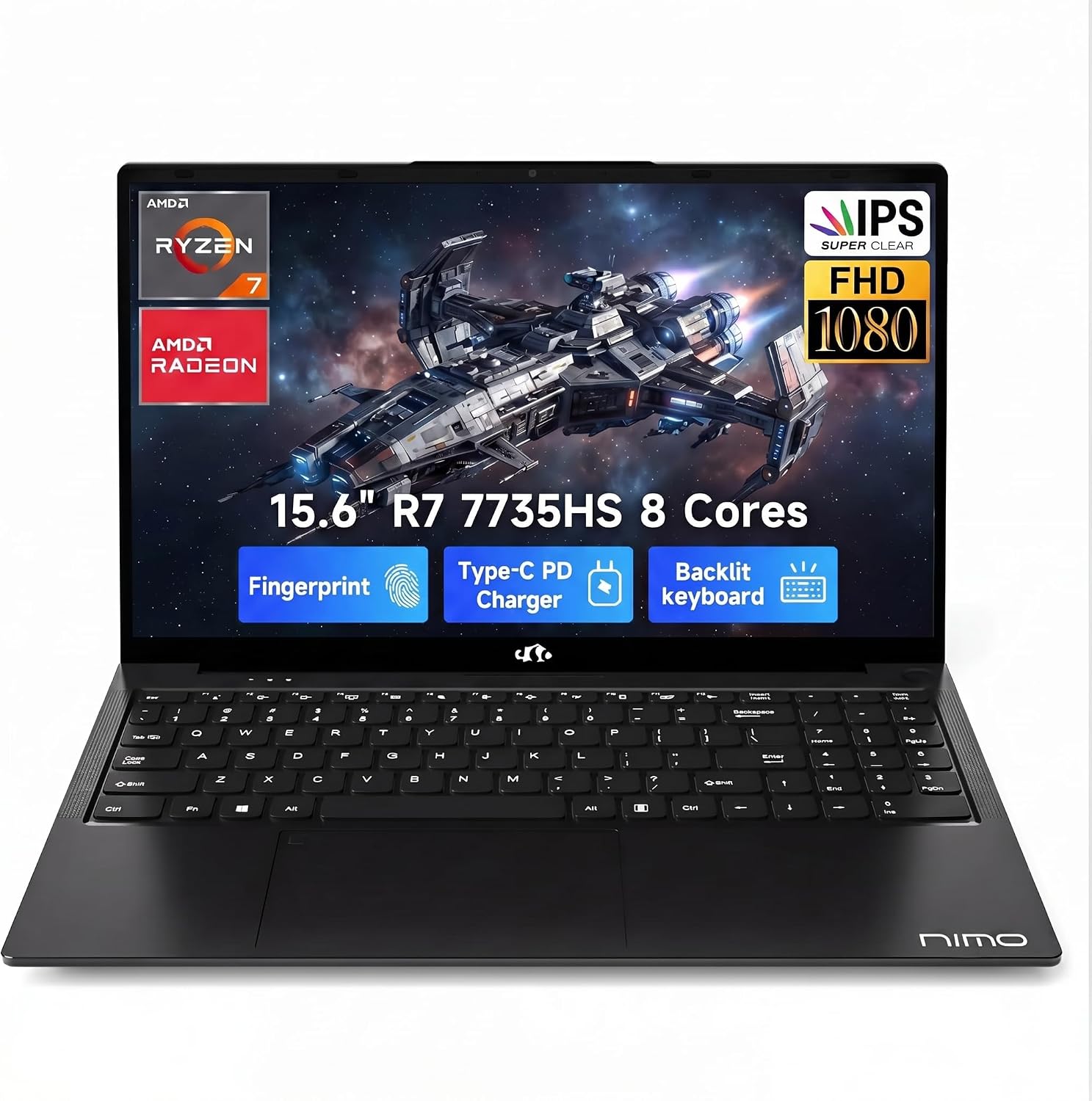 NIMO Gaming Laptop, AMD Ryzen 7 7735HS 8 Cores (Up to 4.75GHz) 15.6″ FHD, 32GB DDR5 RAM 1TB SSD, Radeon 680M Graphics, 100W Type-C, Backlit Keyboard, Fingerprint, 180° Views, Windows 11 Computer