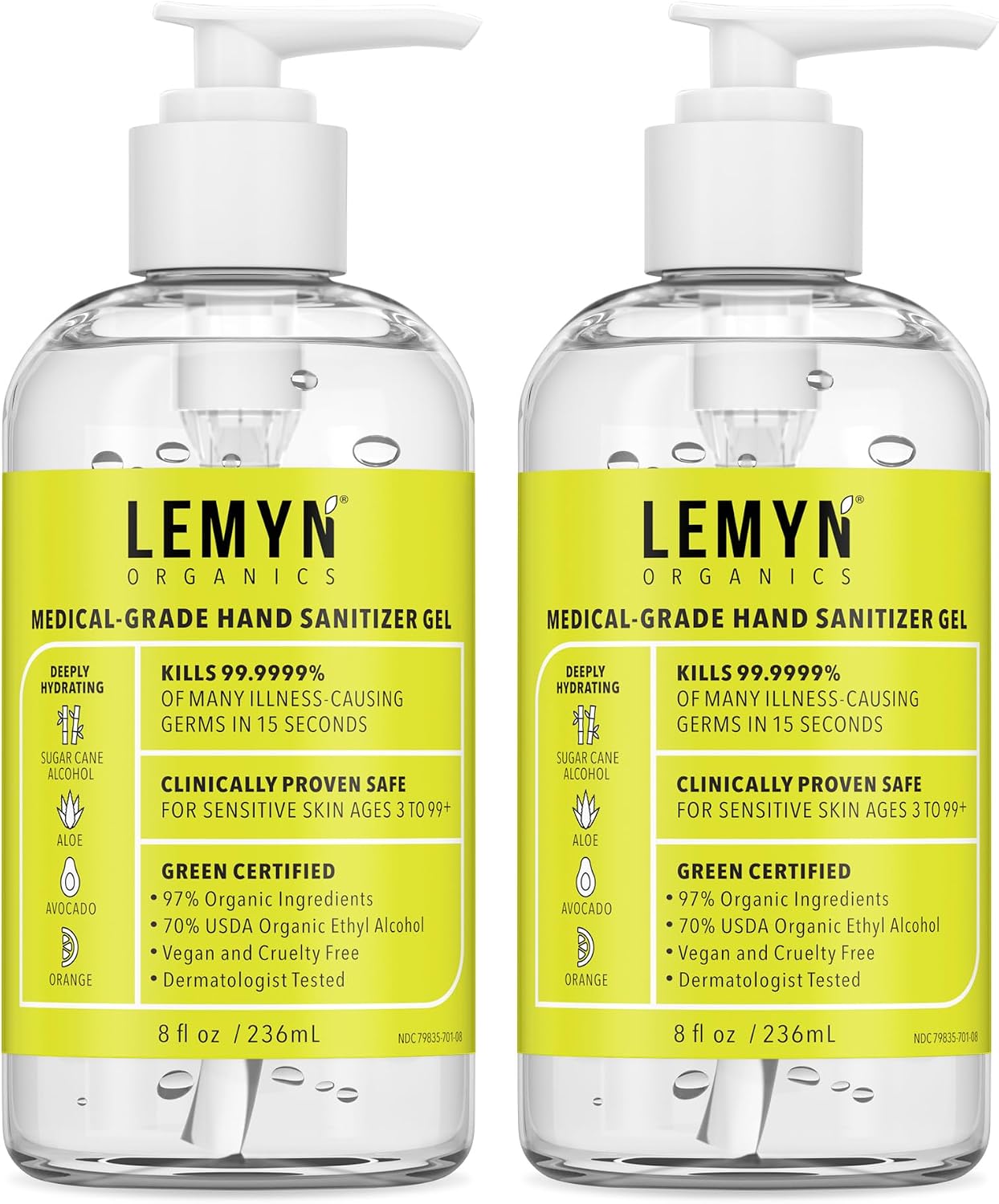 Lemyn Organics Medical‑Grade Hand Sanitizer Gel – 97 % Organic | 70 % USP Ethyl Alcohol | Moisturizing Aloe + Hyaluronic Acid | Freshly Made in USA | 8oz Bottle with Pump (PACK OF 2)