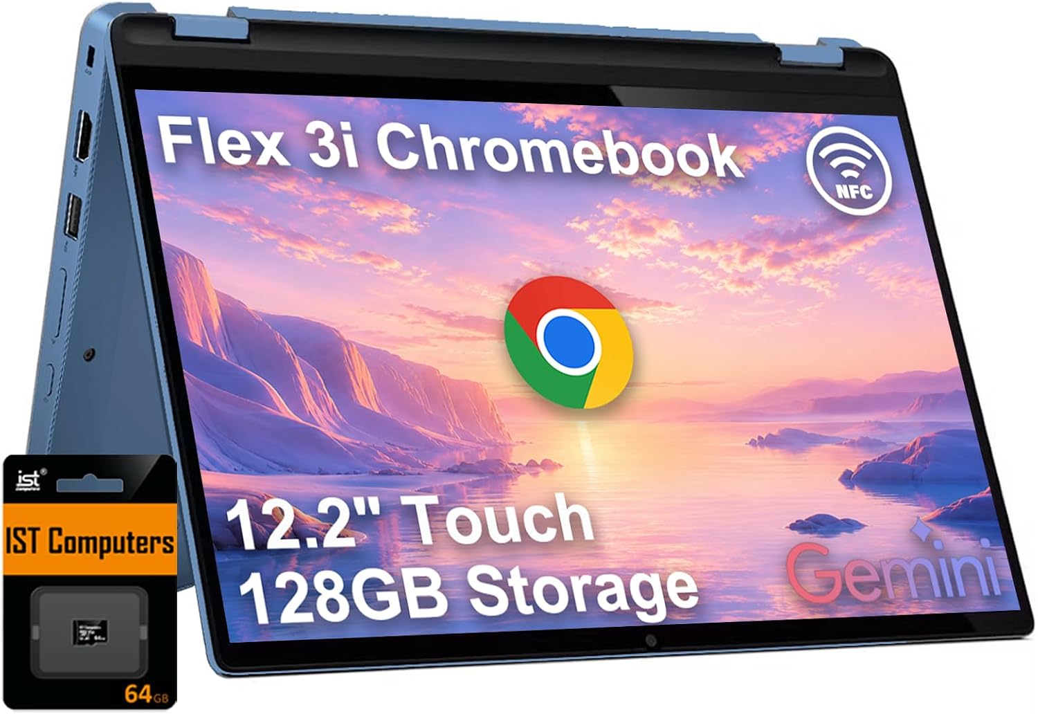 Lenovo IdeaPad Flex 3i Chromebook 2-in-1 Laptop (12.2″ FHD+ Touchscreen, Intel N100, 4GB DDR5 RAM, 64GB eMMC + 64GB SD Card) for Home & Students, NFC, Lightweight, Long Battery Life, Chrome OS, Blue