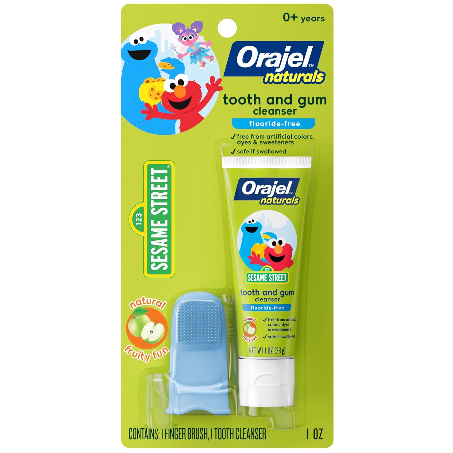 Orajel Baby Elmo Tooth & Gum Cleanser Fluoride-Free, 1 Finger brush, 1 Toothpaste 1oz; #1 Pediatrician Recommended Fluoride-Free Toothpaste* | Featuring Sesame Street, Training Toothpaste, For Babies Age 0+, #1 Pediatrician Recommended Fluoride-Free Toothpaste