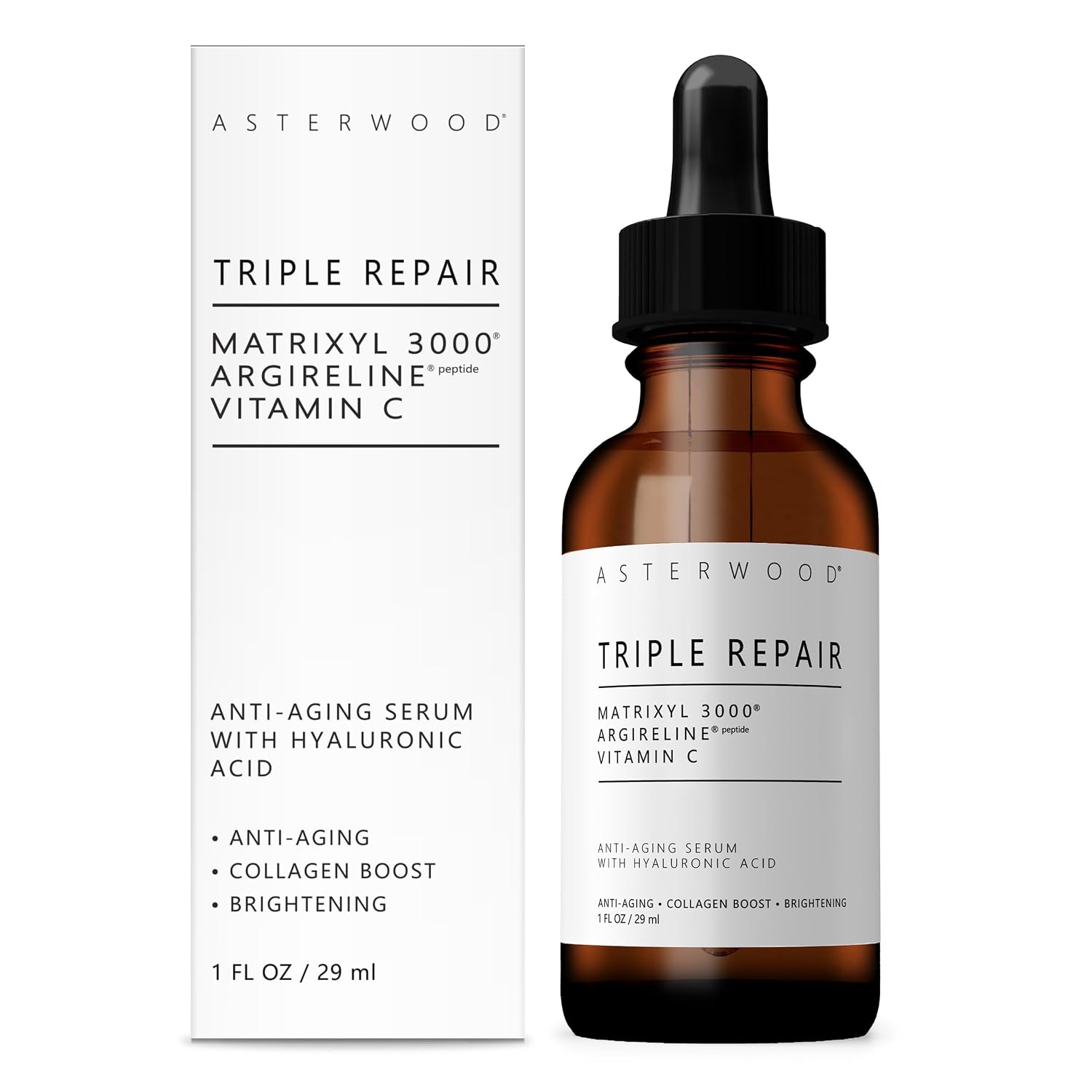 Asterwood Triple Repair Matrixyl 3000 + Argireline + Hyaluronic Acid + Vitamin C Serum for Face – Anti-Aging, Collagen Boosting, Hydrating – Fragrance-Free – 1 Fl Oz