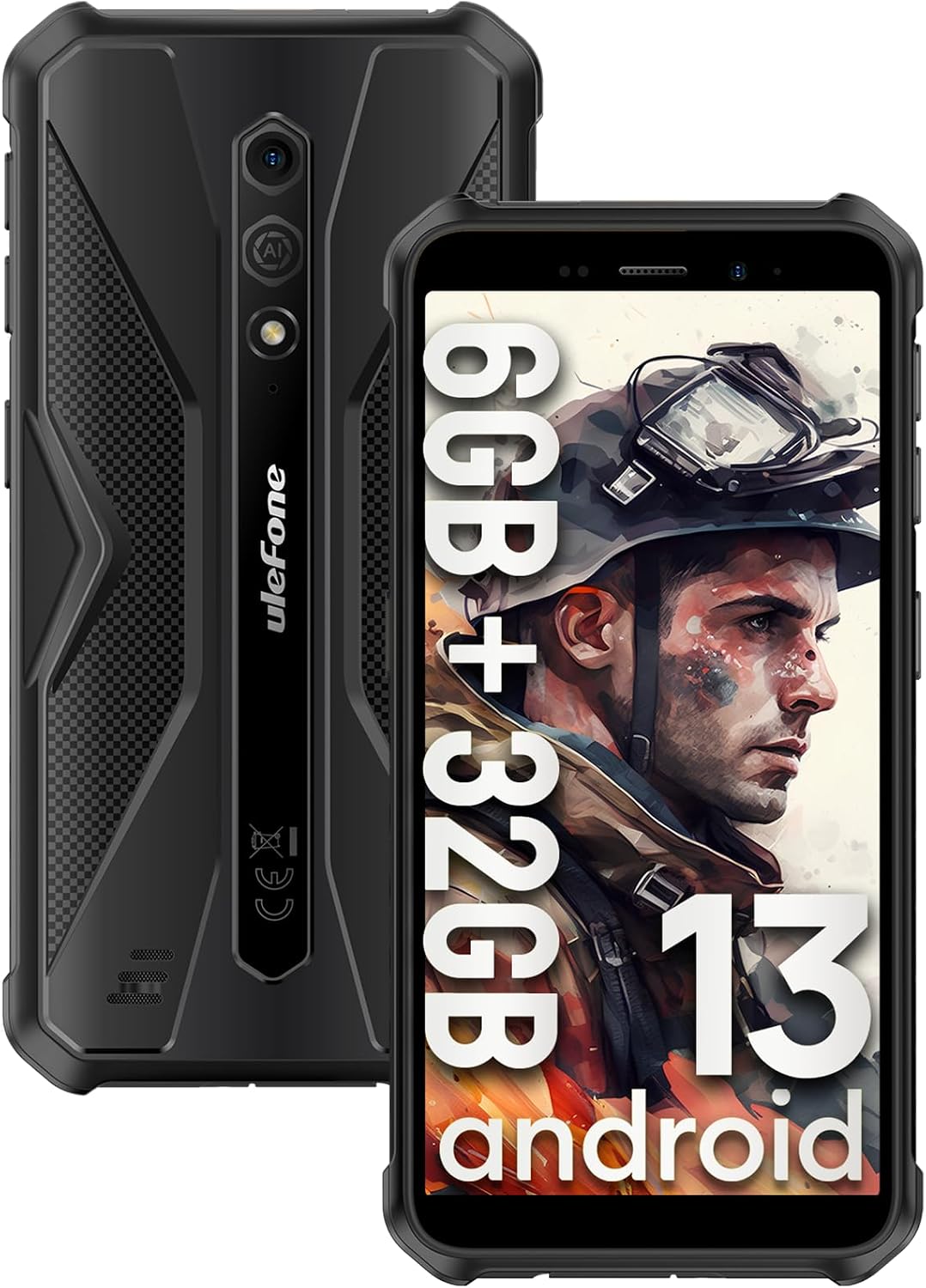 Ulefone Armor X12 Rugged Smartphone, Waterproof Phones Unlocked, Octa-core Android 13, 6GB+32GB, Dual SIM Global 4G LTE, 4860mAh Battery, Face Recognition, Bluetooth, NFC, Compass – Black
