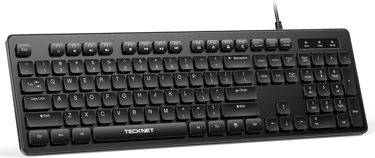 TECKNET Wired Keyboard,Silent USB Keyboard for Office,Spill-Resistant,Slim Full-Size Membrane Layout,Plug and Play for PC/Laptop/Mac-No Backlit
