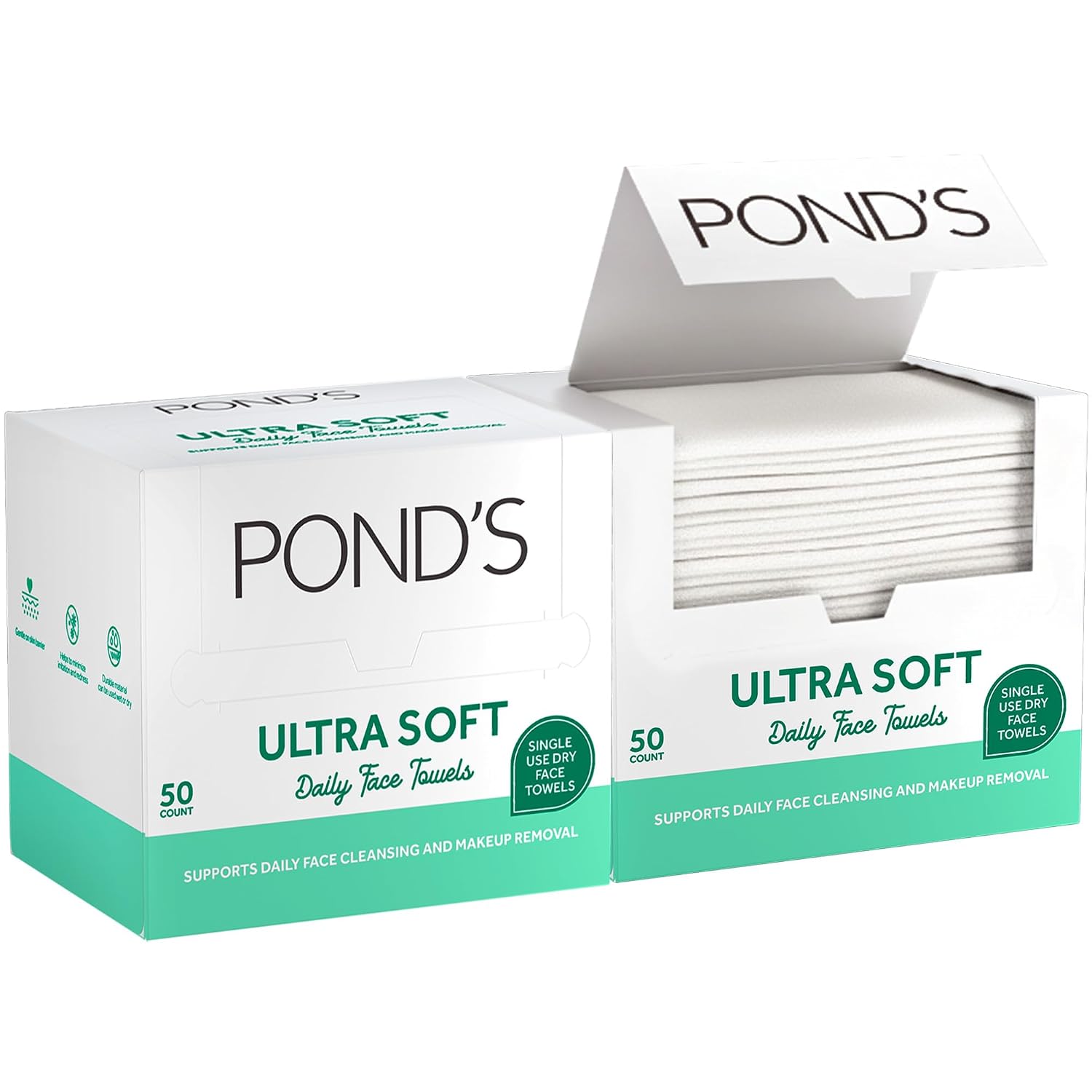 POND’S Disposable Face Towel 2-Pack (50 Per Box) – Ultra Soft Biobased Dry Face Towels – Clean & Hygienic Makeup Remover Wipes, Facial Cleansing, Exfoliating, Gentle on Sensitive Skin