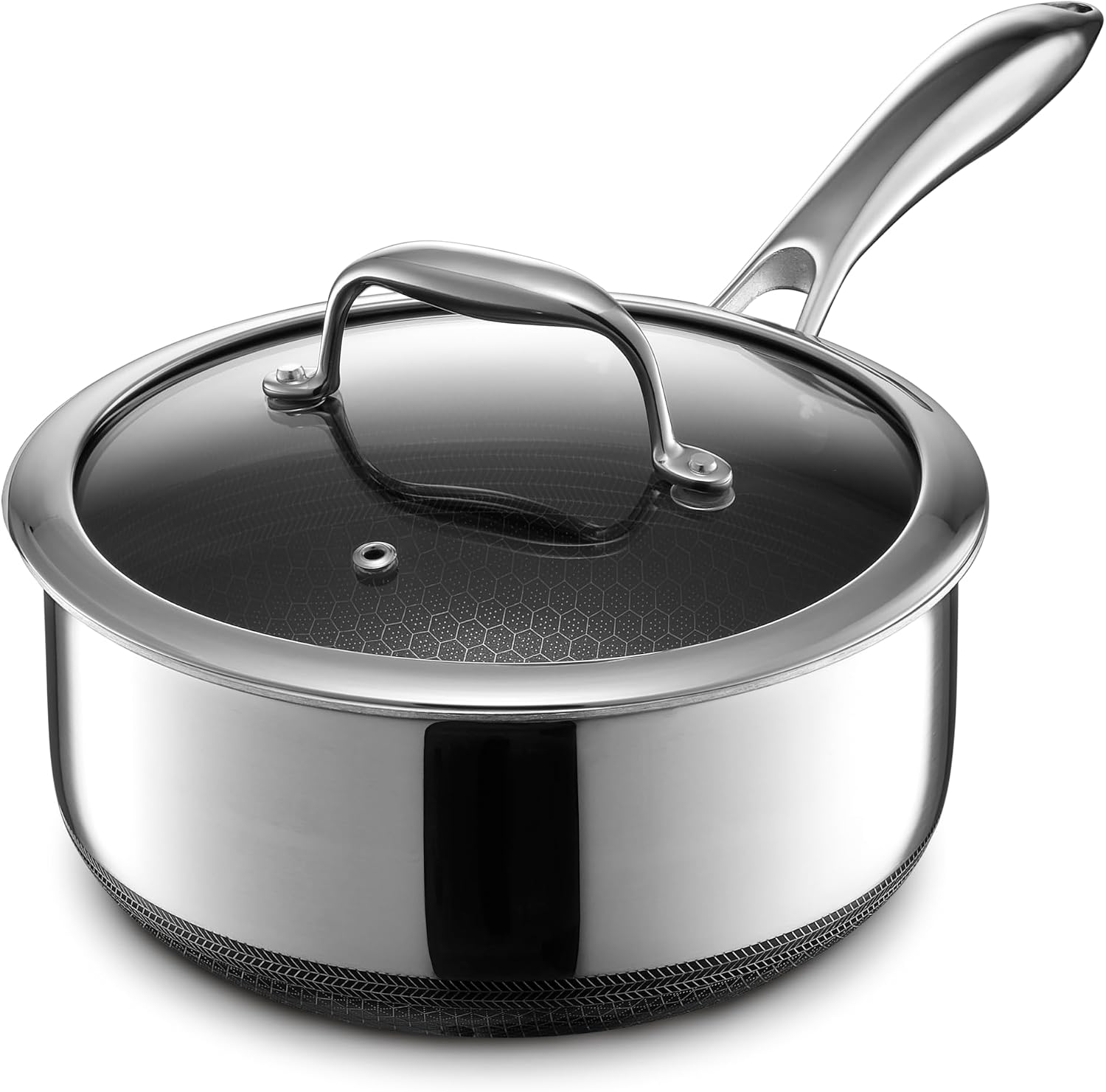 HexClad 3 Quart Hybrid Nonstick Sauce Pan Pot with Lid, Stay-Cool Handle, Dishwasher Safe, Induction Ready, Compatible with All Cooktops