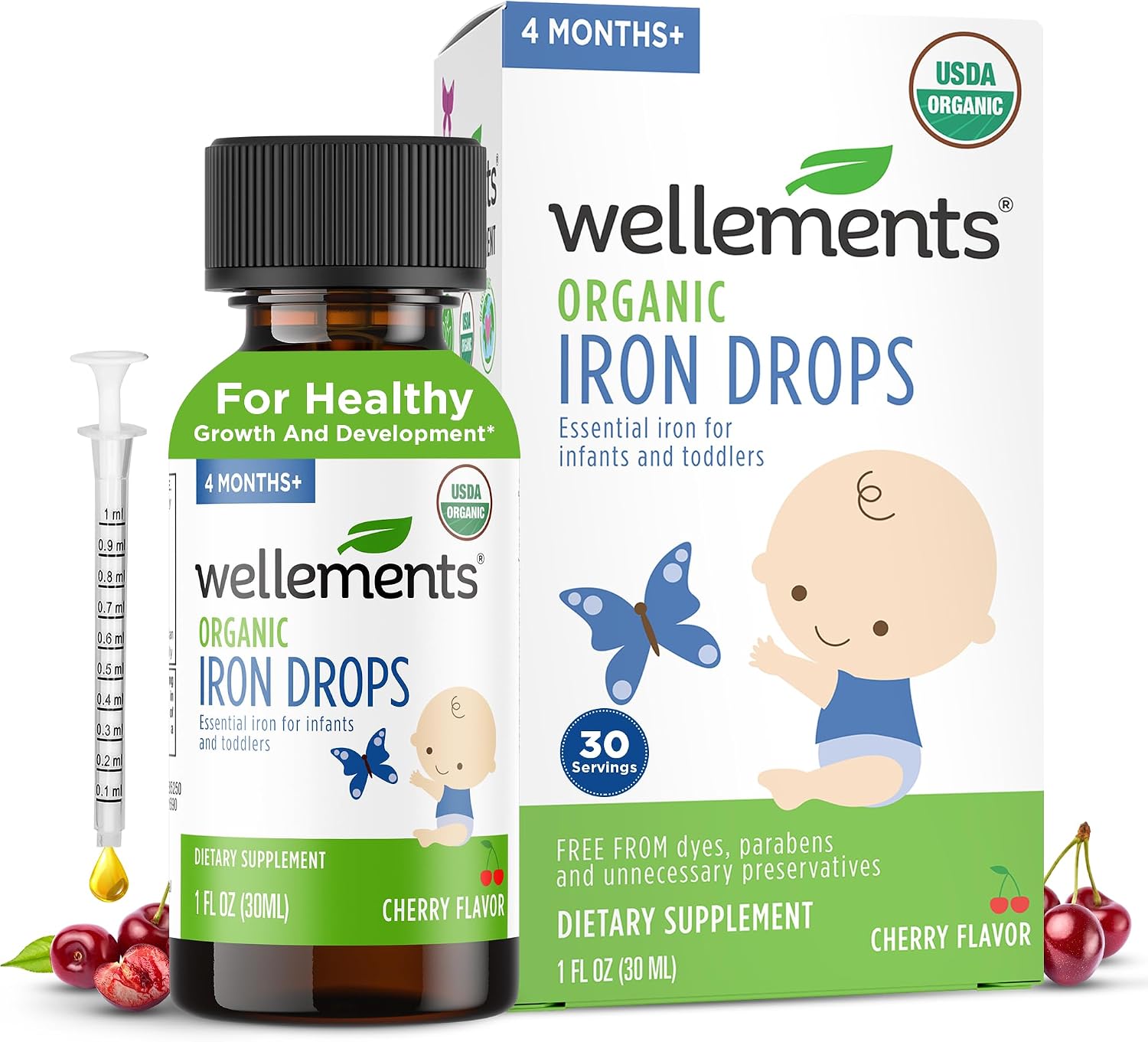 Wellements Organic Iron Drops for Newborn+ Babies (1 Fl Oz) – Cherry Flavor Liquid Iron Supplement for Infants – Toddler Iron Supplement for Kids (4months+ to 3 Years) – Supports Growth & Development