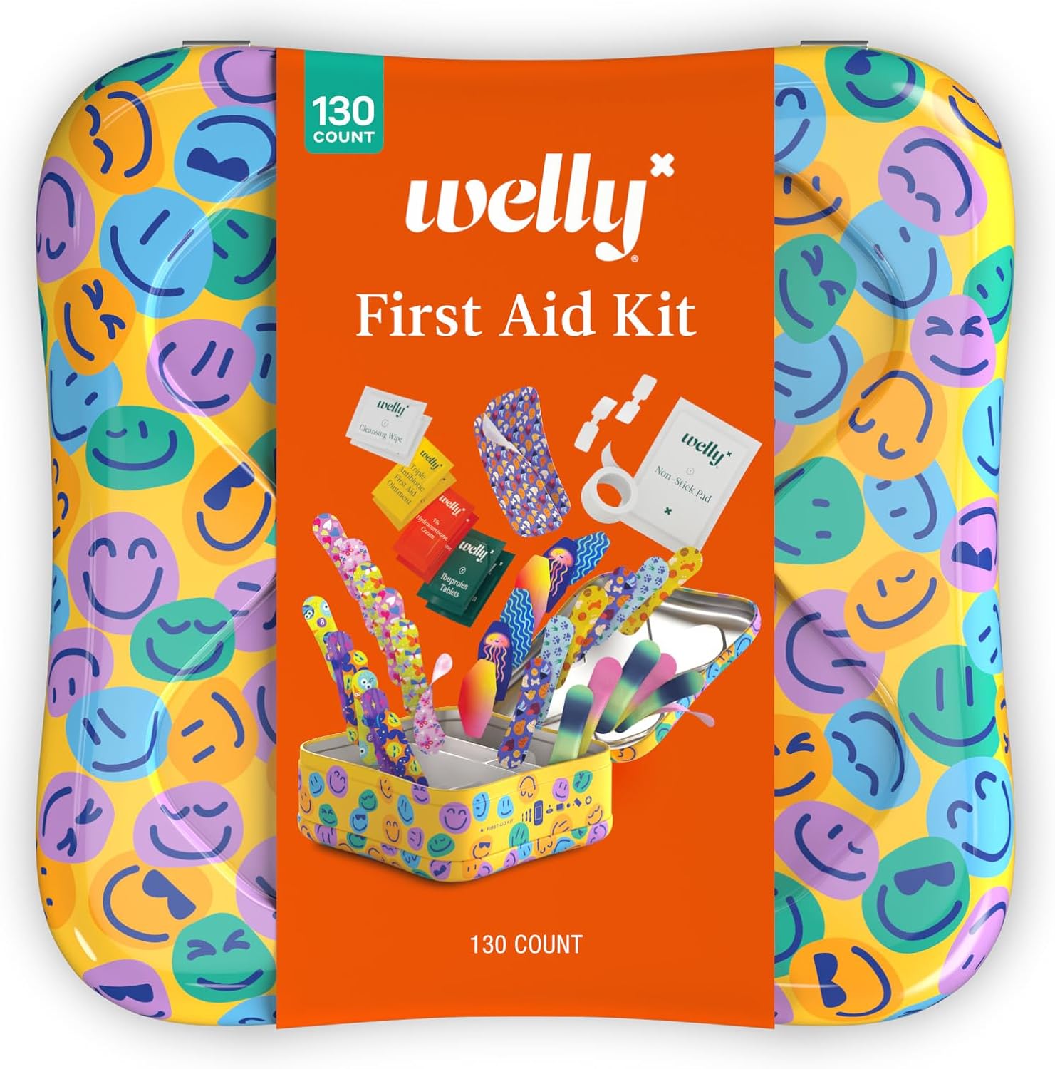 Welly First Aid Kit | FSA Eligible | Adhesive Flexible Fabric and Waterproof Bandages, Tape and Non-Stick Pads, Butterfly Strips, Triple Antibiotic and Hydrocortisone Ointments, Ibuprofen – 130 Count