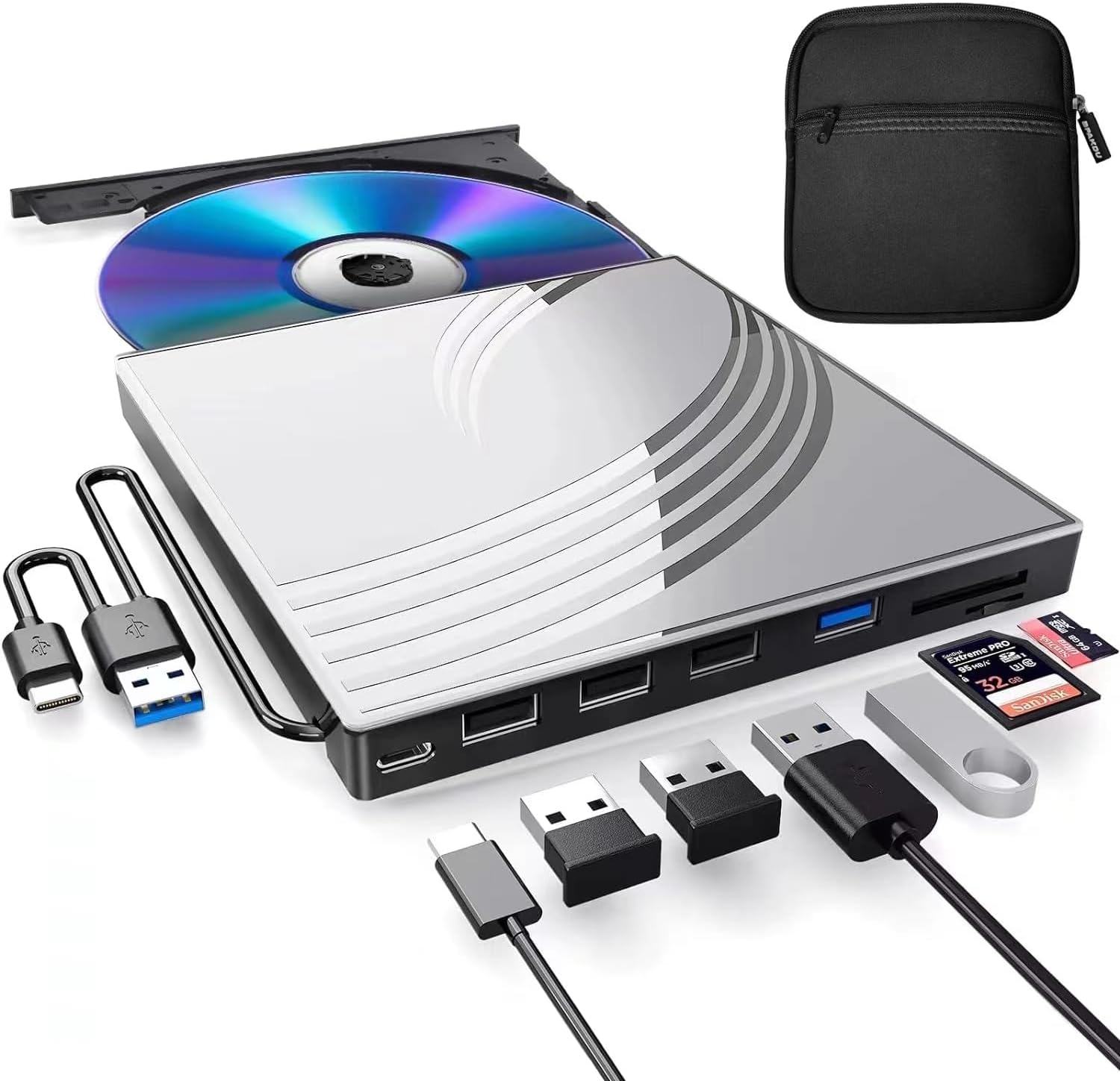 BPAKDU External CD/DVD Drive for Laptop with Carrying Case,DVD Player for Laptop,Portable CD Burner with 4 USB Ports, 2 TF/SD Card Slots,CD Disk Drive Player Reader Write