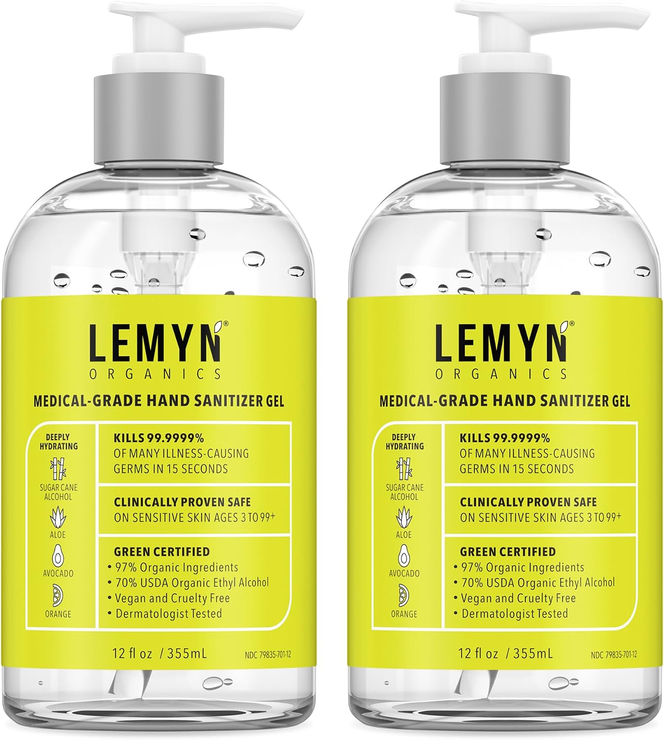 Lemyn Organics Medical‑Grade Hand Sanitizer Gel – 97 % Organic | 70 % USP Ethyl Alcohol | Moisturizing Aloe + Hyaluronic Acid | Freshly Made in USA | 12oz Bottle with Pump (PACK OF 2)