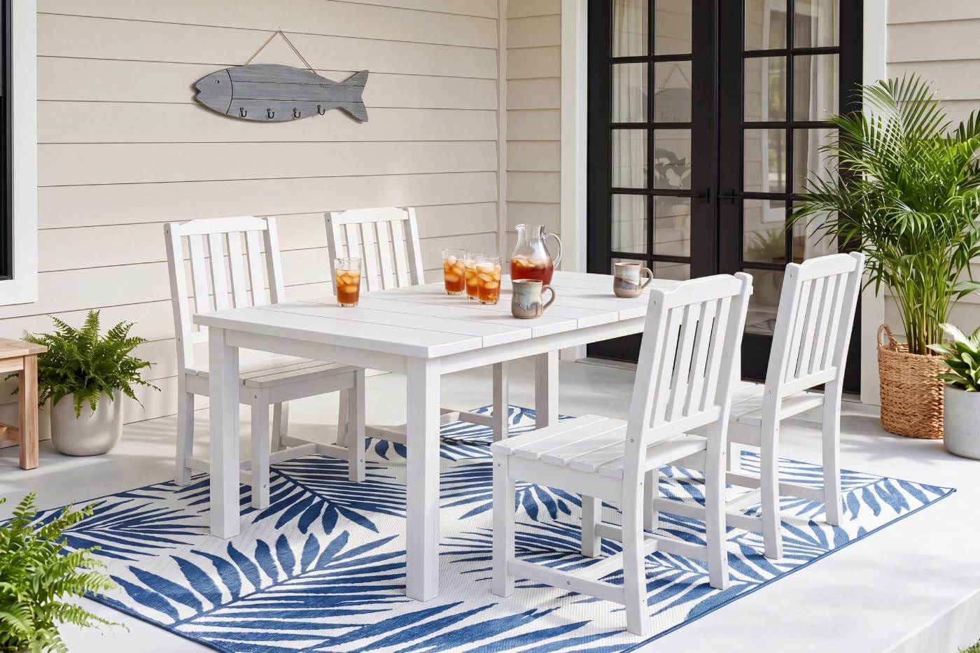 Perli™ 5-Piece Outdoor Dining Set, All-Weather HDPE Patio Furniture with 4 Armless Chairs and Rectangular Table, UV-Resistant 4-Person Set for Deck, Backyard, White