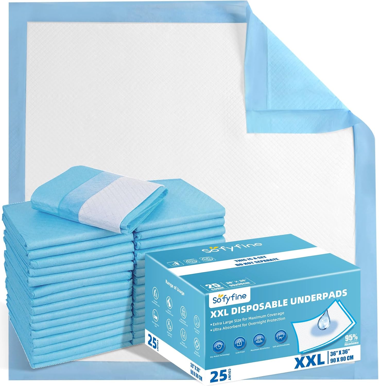 SOFYFINE Extra Large Chucks 36″x36″ Disposable XXL Heavy Duty Absorbent Elderly Adults Incontinence Bed Pads,Waterproof Thicken Puppy Pee Pad,Changing Underpads for Women and Baby[25 Pads]