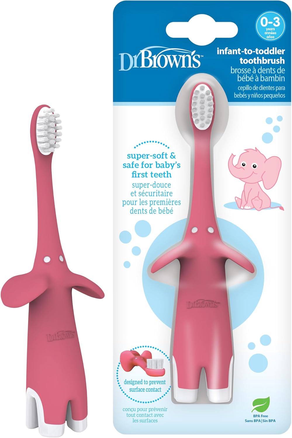 Dr. Brown’s Infant-to-Toddler Toothbrush, Elephant, Pink, 0-3 Years