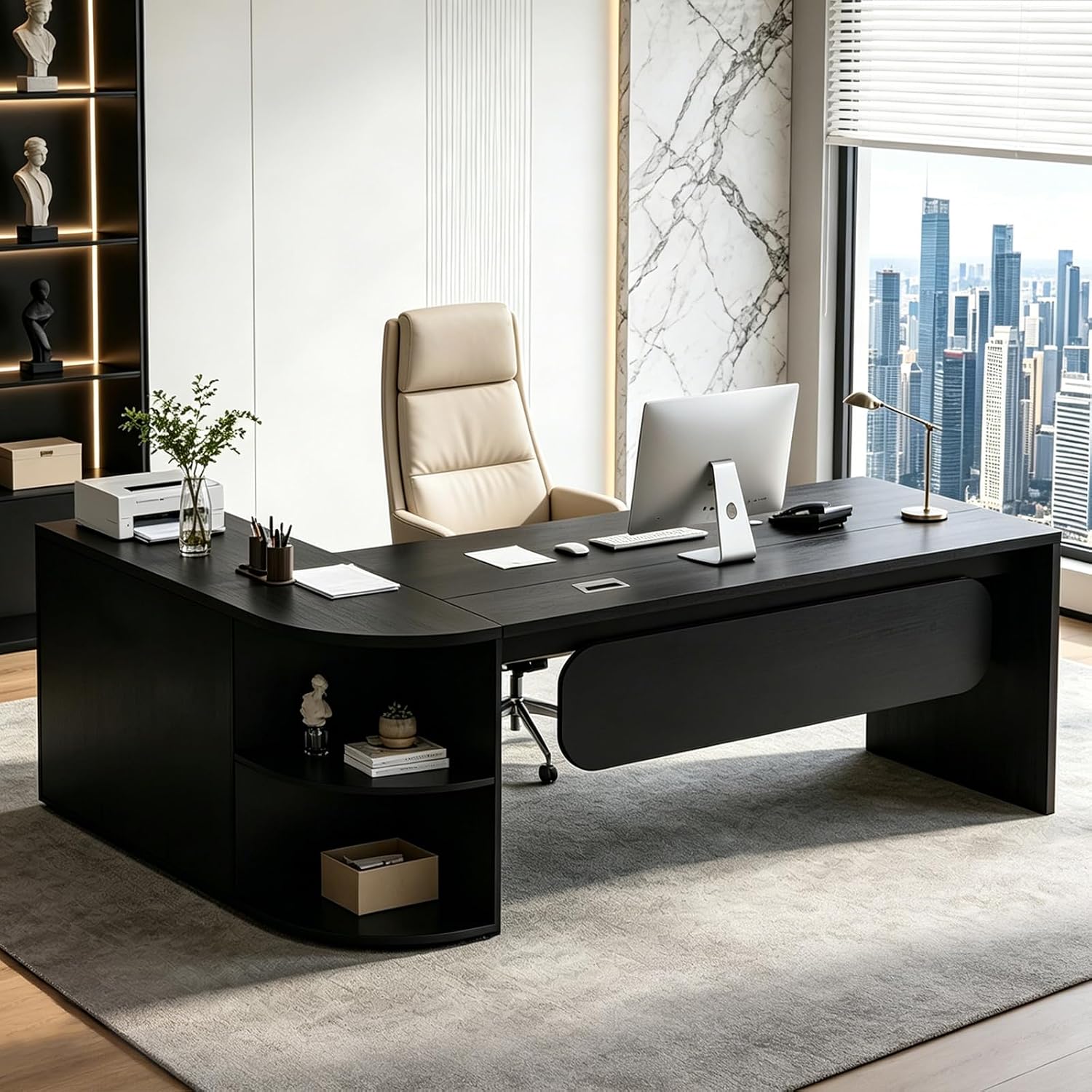 Executive L-Shaped Office Desk with Storage Shelves, Modern Executive Desk with Curved Edge, Large Workstation Desk for Home Office, Business Office Furniture