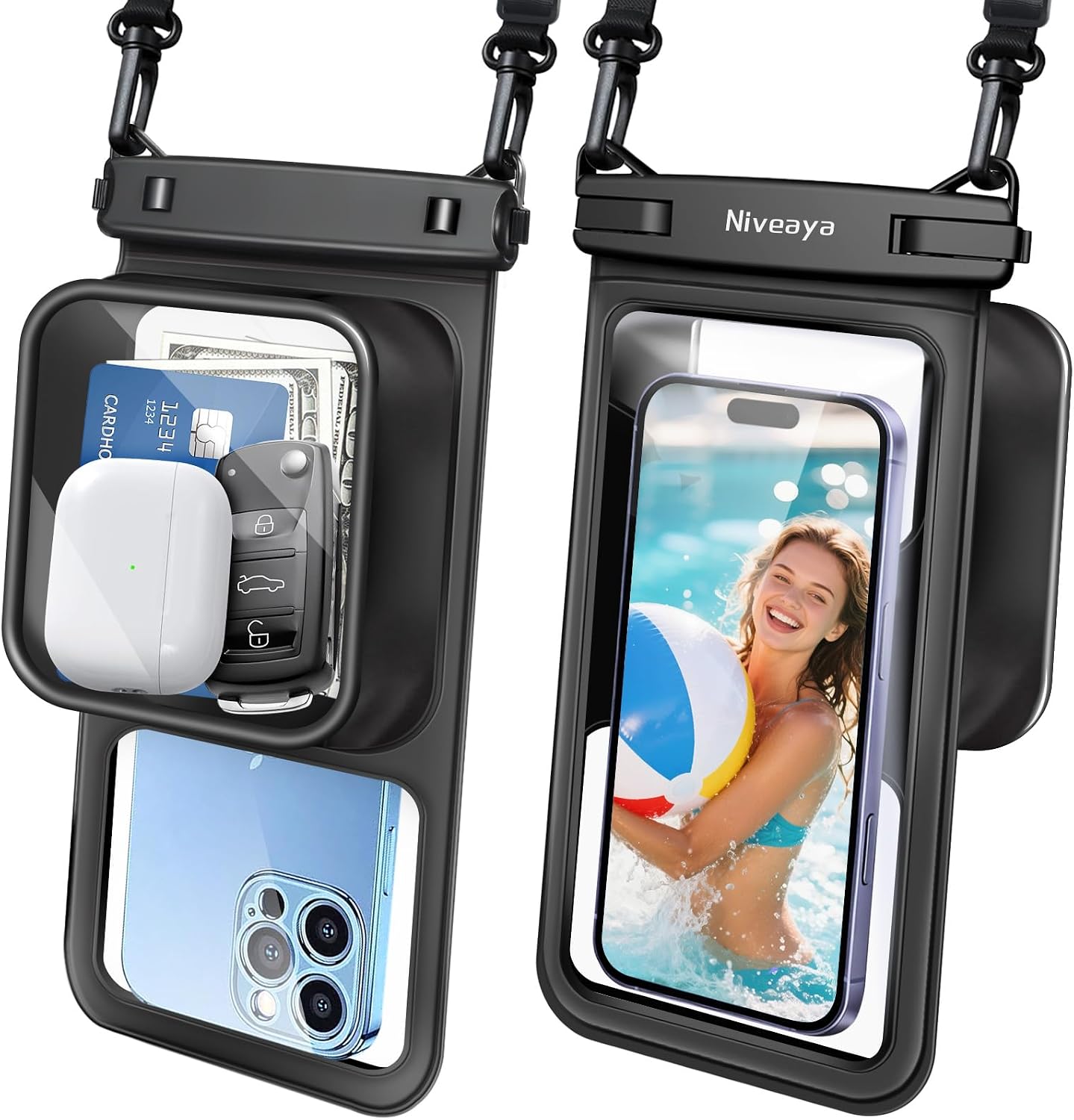 Niveaya [Floatable Floating Waterproof Phone Pouch 2 Pack-Up to 8.5″, Large Space Adjustable Neck Lanyard Waterproof Phone Case, Phone Dry Bags for Vacation Beach Pool Kayak Cruise Travel Essentials