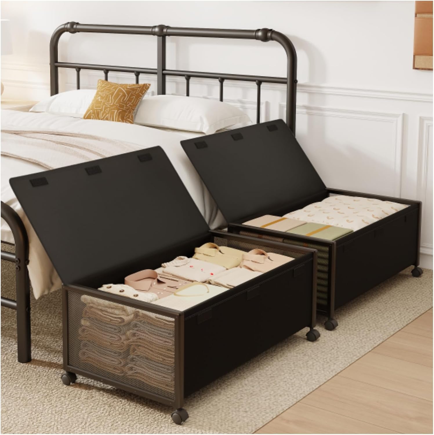 2 Pack Under the Bed Storage Containers,12 inch Height Under Bed Shoe Storage,31inch Long Underbed Storage with Wheels,Large Rolling under bed Clothes Storage Drawers with Lid for Dorm Tall,Black