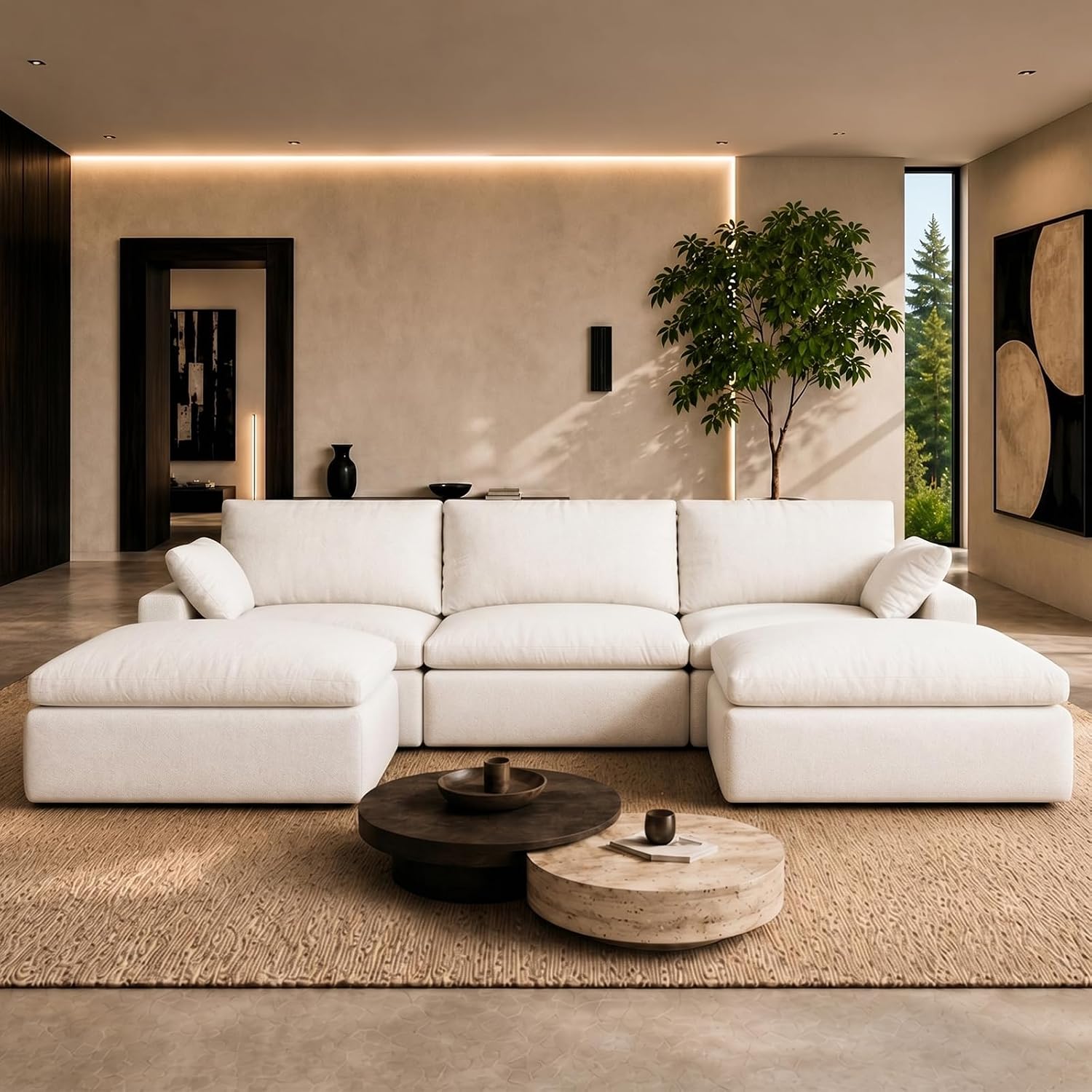 Novilla 104.3″ Modular Cloud Couch, Modern Sectional Sofa with Smarts Coil® Support, Chenille Fabric, Upholstered Couch for Living Room Apartments Bedroom, No Assembly, 3 Seater + 2 Ottoman, White