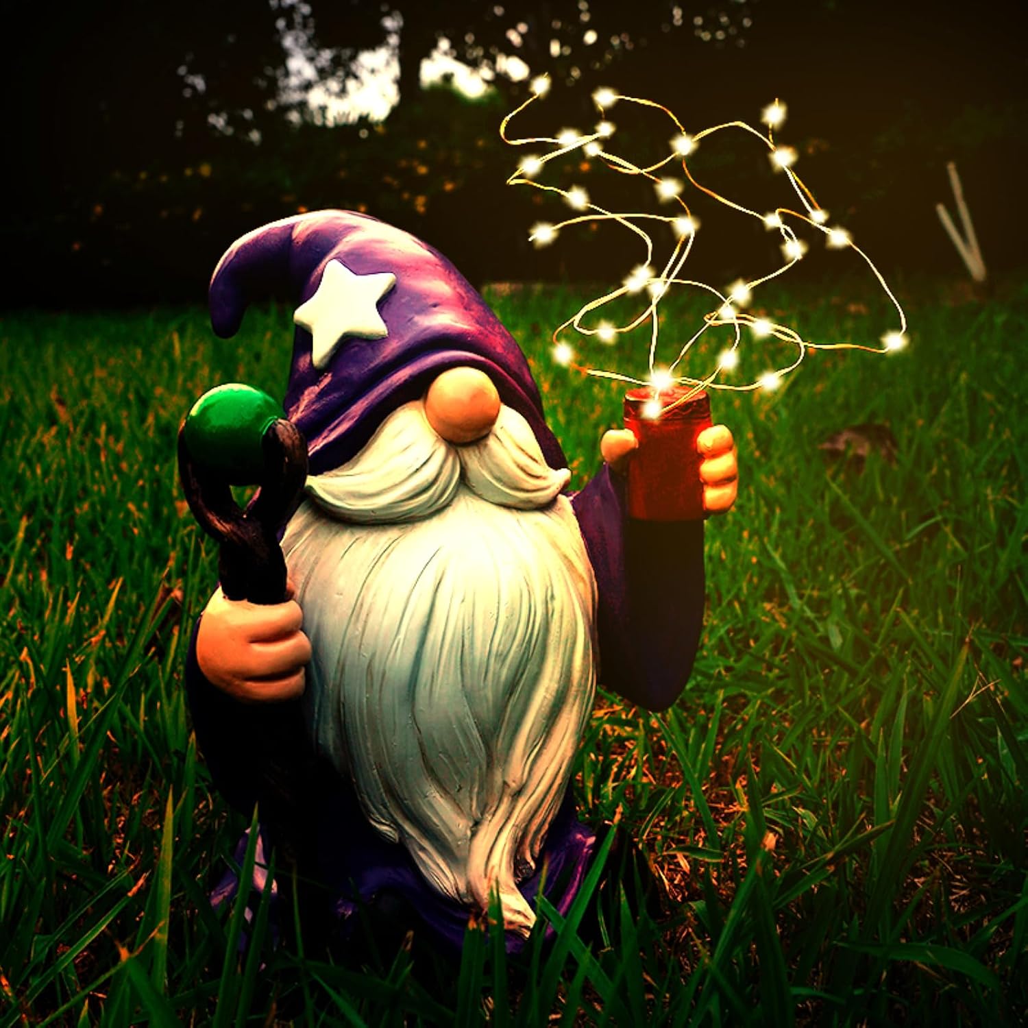 Joint Honglin Solar Wizard Gnome Garden Statue with Variable LED Fairy Lights, Patriotic Star Hat Gnome Figurine, Outdoor Waterproof Resin Garden Decor for Yard Lawn Patio Gift (Firework Gnome)