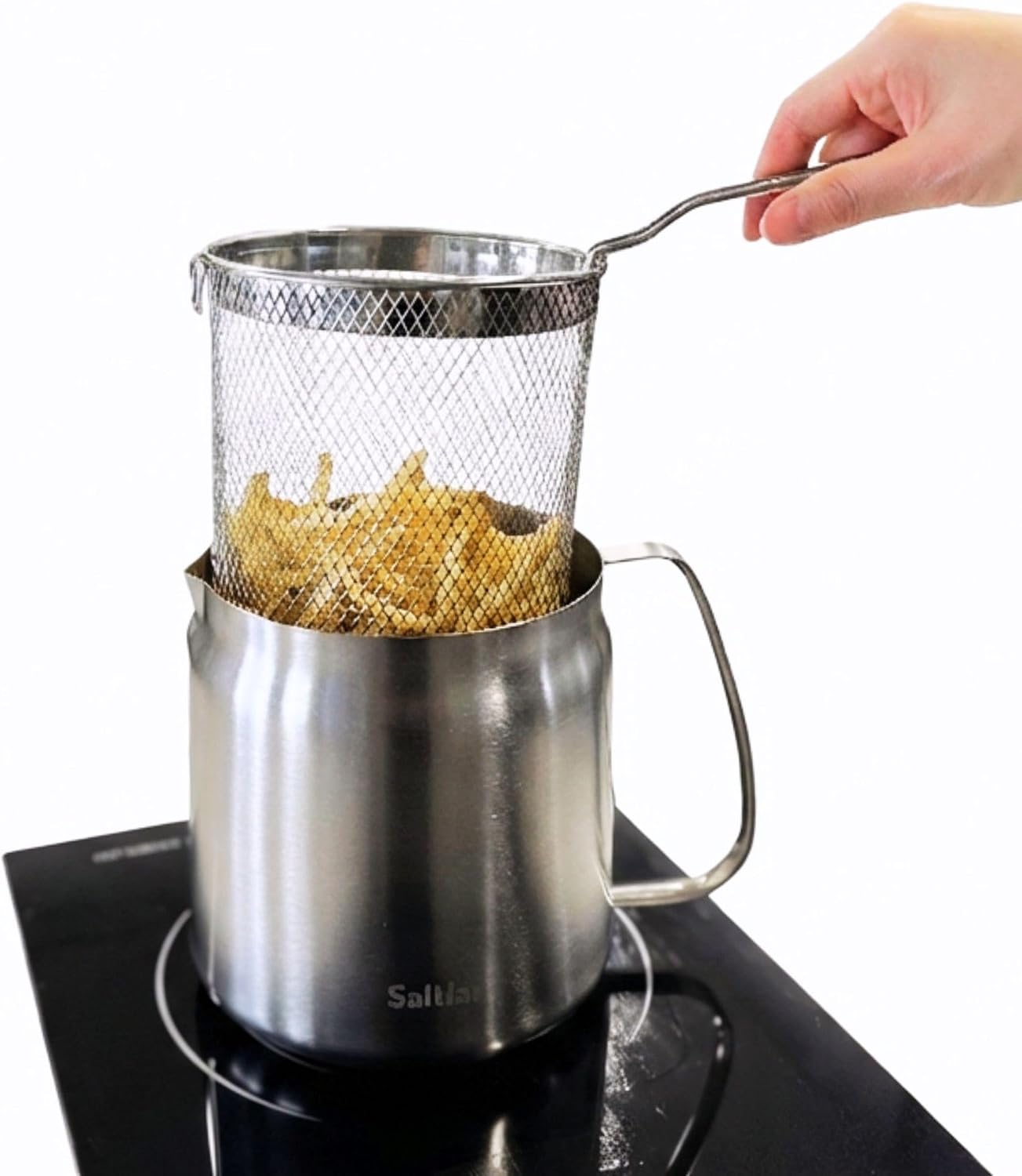 Saltlas Deep Fryer Pot with Basket and Oil Strainer, 304 Stainless Steel Deep Frying Pot for French Fries, Chicken, or Japanese Tempura, 3.5 L (3.7 qt)