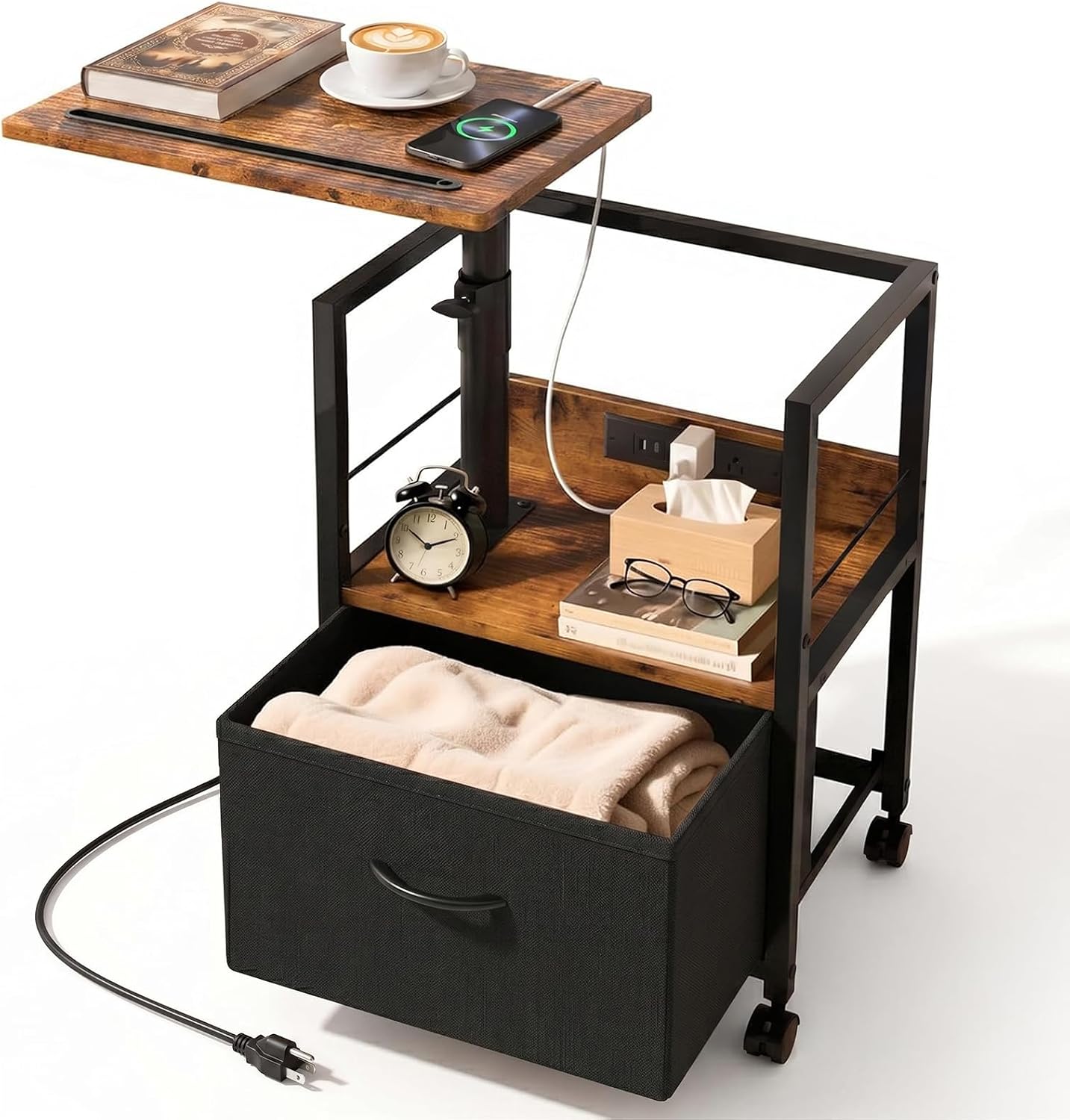 Faesun Swivel Lift Top Nightstand with Charging Station, Rolling Side Table for Recliner, Bedside Table with Wheels & a Fabric Drawer, for Small Spaces, for Bedroom, Living Room, Brown Black