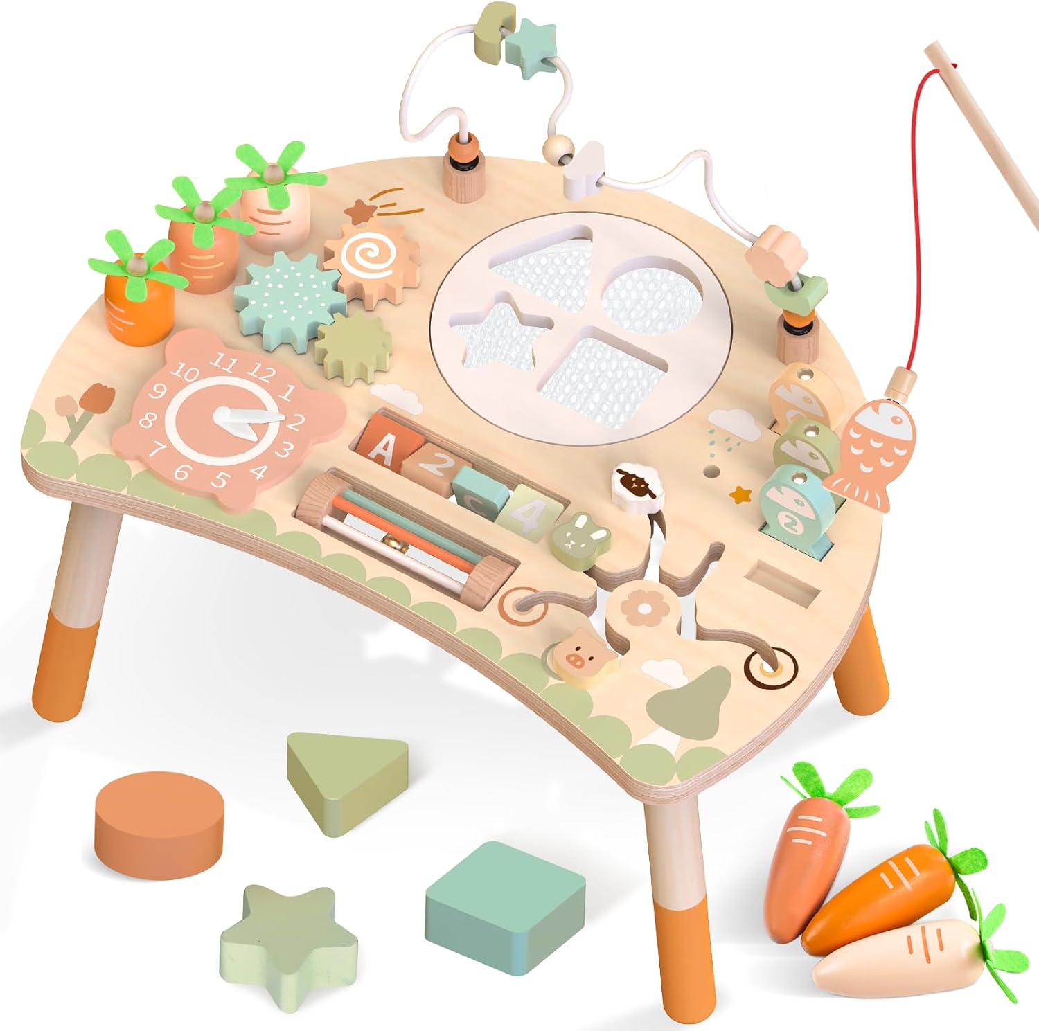 Wooden Activity Table for Toddlers 1-3, 9 in 1 Montessori Toy | Sensory Learning, Bead Maze, Shape Sorter, Fishing Game, Spinning Gears, Wood, CPSIA Certified, Gift for Boys Girls