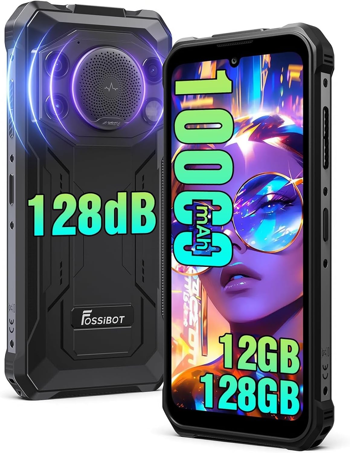 FOSSIBOT F110L Rugged Phone Unlocked (2026), 128dB Super Speaker 10000mAh Battery Cell Phone 4GB+128GB/2TB Android 15 Smartphone, 6.75″ HD+Display, 50MP AI Camera/120LM/Dual SIM/NFC/IP68/IP69K | 128dB Super Speaker