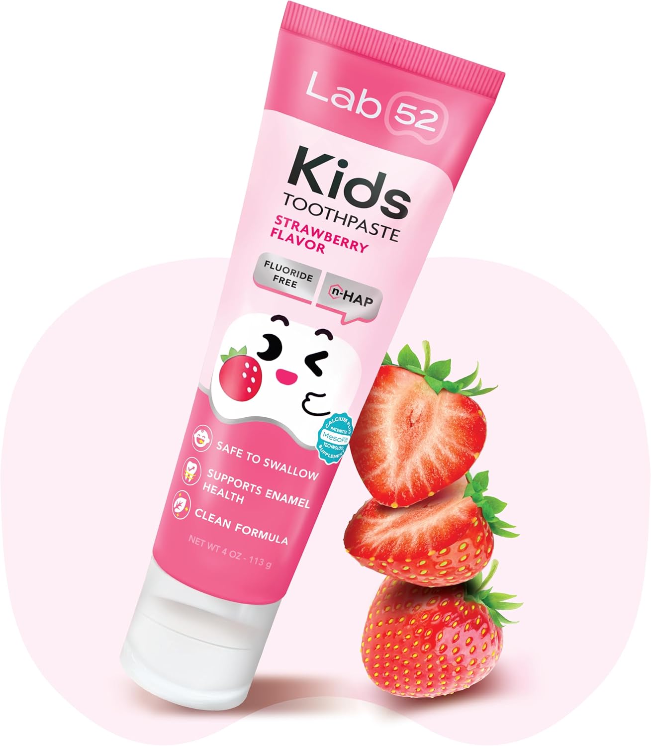 LAB52 Fluoride-Free Kids Toothpaste, Nano-Hydroxyapatite Training Toothpaste for Toddler & Children Daily Oral Care, Supports Enamel Health, Safe if Swallowed, Xylitol Strawberry Flavor