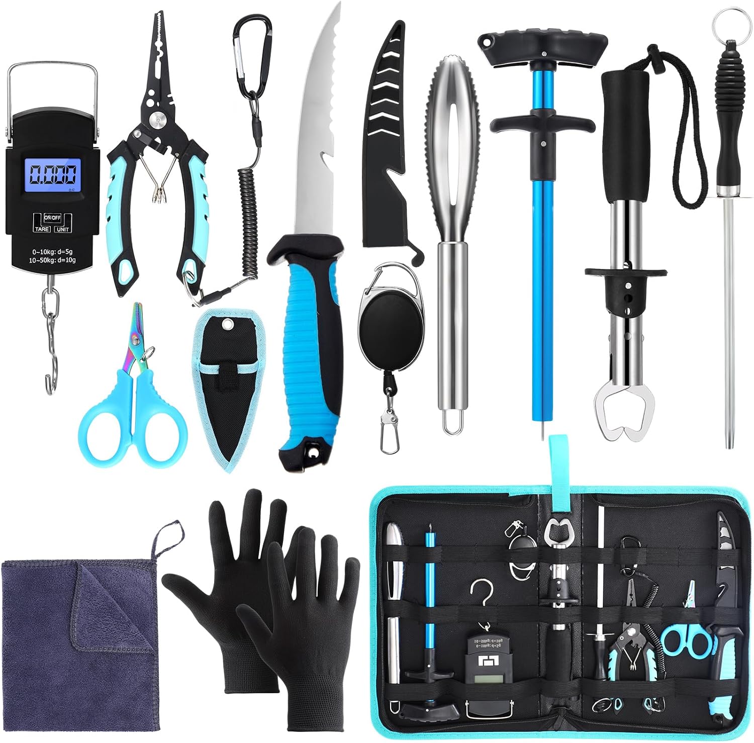 RoundFunny 14 Pcs Fishing Tool Kit, Fillet Knife, Fishing Pliers with Lanyard, Digital Scale, Lip Gripper, Hook Remover Fish Scaler Braid Scissors Gloves Sharpening Rod Retractor Towel Bag