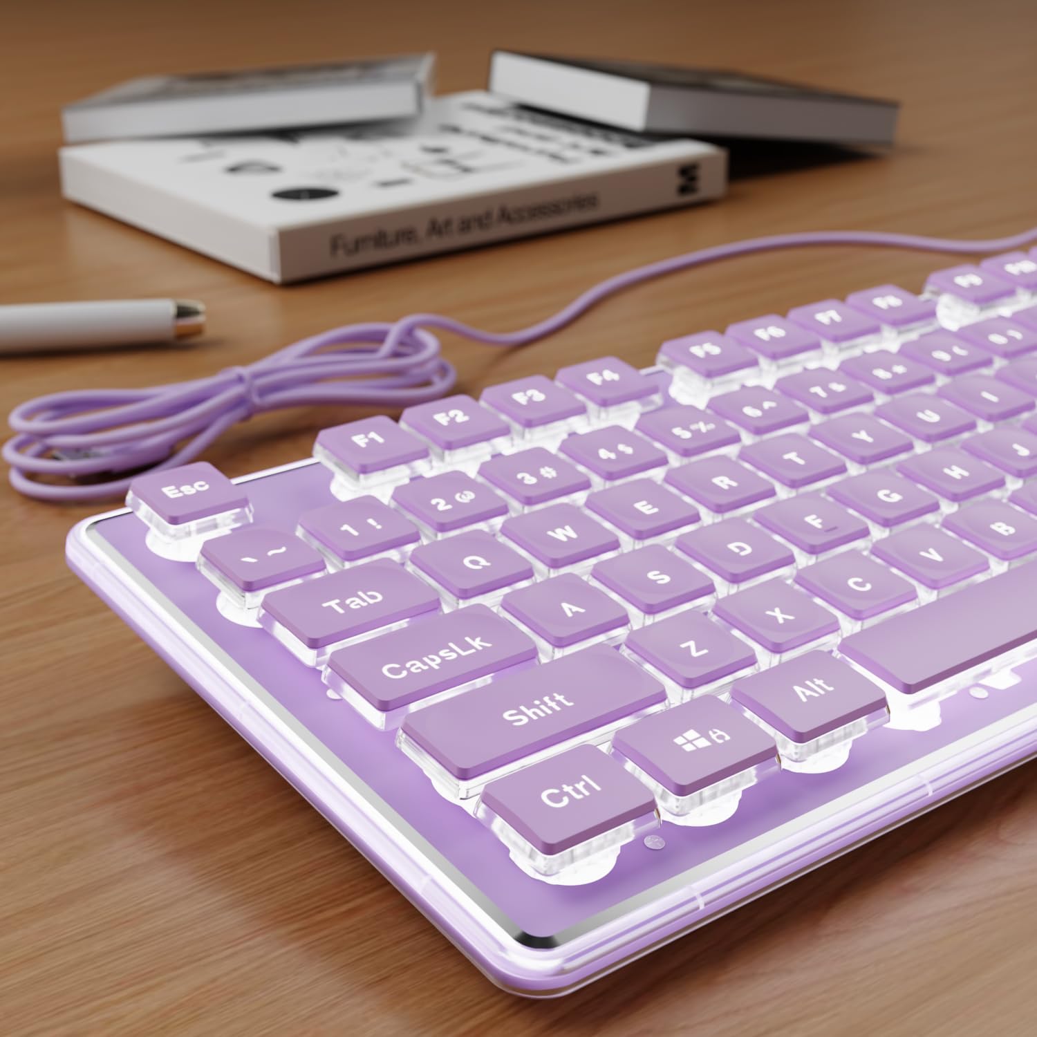 SEUNKWANG Wired Backlit Keyboard with Pudding Keycaps, Quiet Full Size Computer Keyboard White Backlight Easy-to-Read, Never Fade, Metal Panel, USB Cute Desk Setup for Windows PC Desktop, Purple