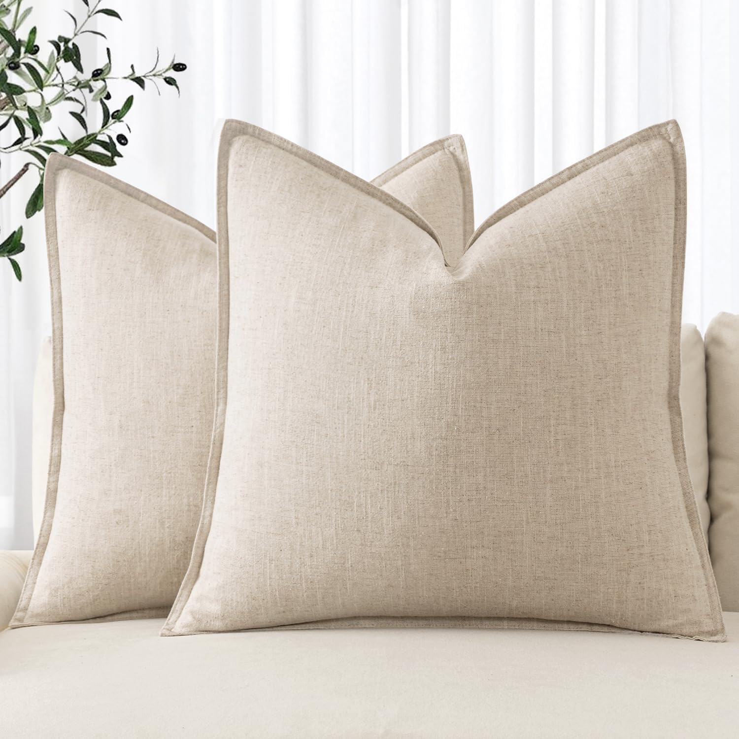 MIULEE Decorative Linen Pillow Covers 18×18 Inch Natural Beige Boho Farmhouse Neutral Couch Throw Pillows for Bed Pack of 2 Accent Modern Pillowcase Sofa Livingroom Home Decor