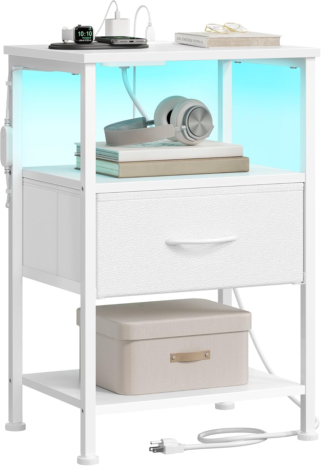 SONGMICS BELLAH Collection – Nightstand with Charging Station and App-Controlled Adjustable LED Lights, Bed Side Table, 1 Drawer and 2 Open Shelves, Modern, Cloud White and Snow White ULGS301WH01S