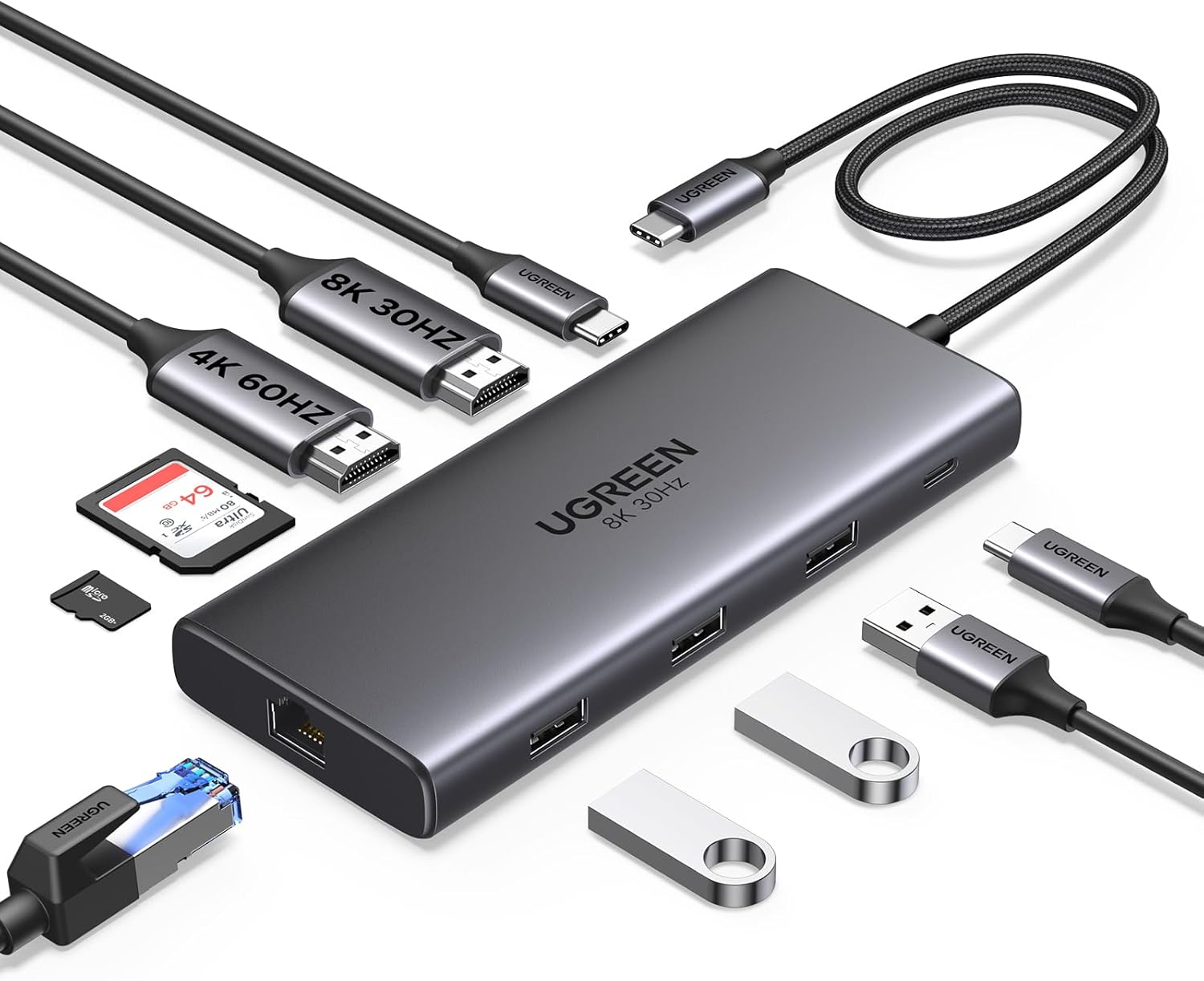 UGREEN 10-in-1 USB C Docking Station, Dual HDMI 4K@60Hz, Single 8K@30Hz, 100W PD, 5Gbps USB C&A Data Ports, Gigabit Ethernet, SD/TF 3.0 Card Reader, Revodok Pro 210 USB-C Hub Compatible for HP, Dell | 2x HDMI, Single 8K, 100W PD, 1Gbps Ethernet, 4x 5Gbps USB-A/C Data, SD/TF, Revodok Pro Aluminum USB-C Dock for Dell/HP/Lenovo