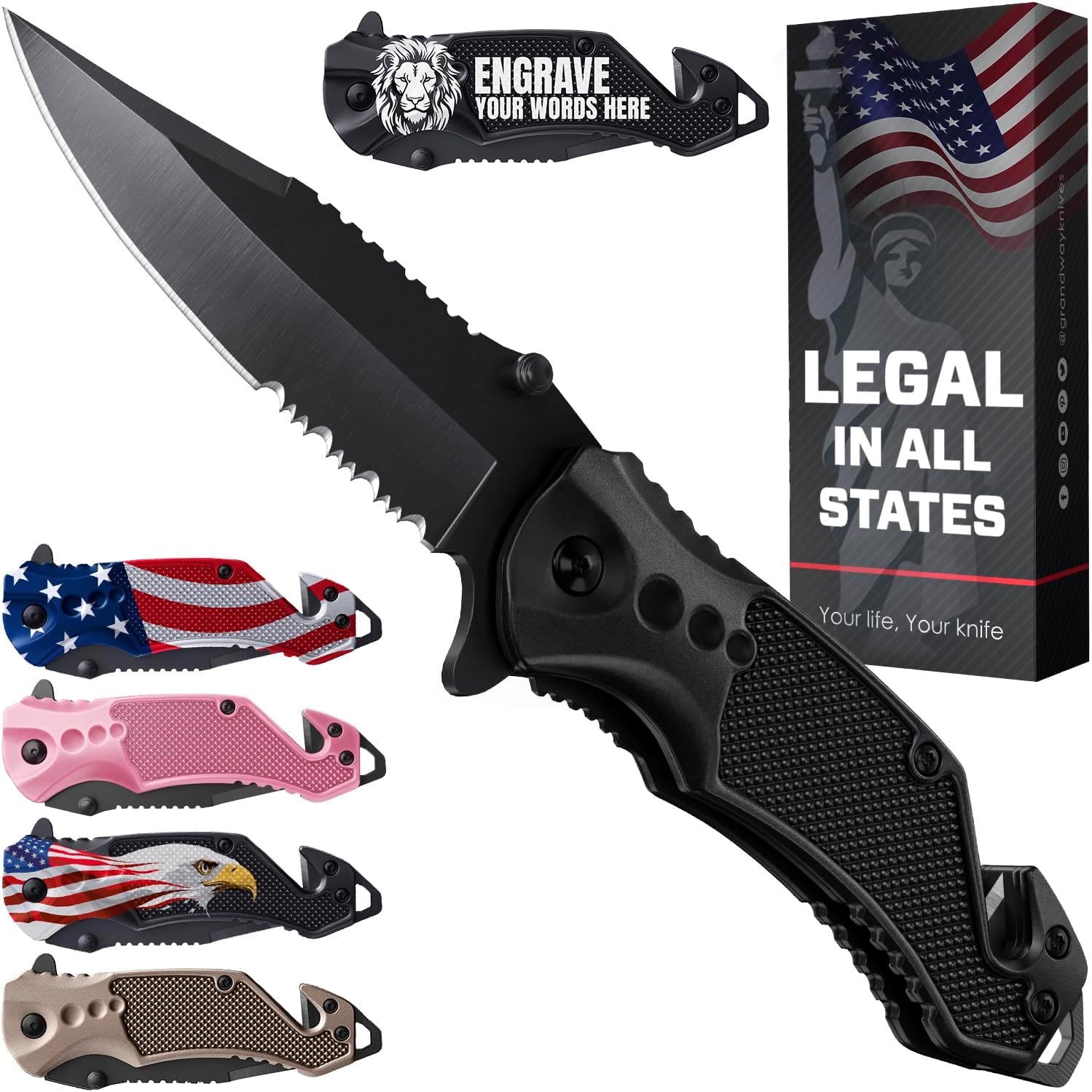 GOOD WORKER Legal Pocket Knife with 2.95” Serrated Blade, Glass Breaker, Seat Belt Cutter – EDC Sharp Folding Knives with Portable Clip – Small Tool for Tactical Camping Survival Hiking – Gifts for Men, Women