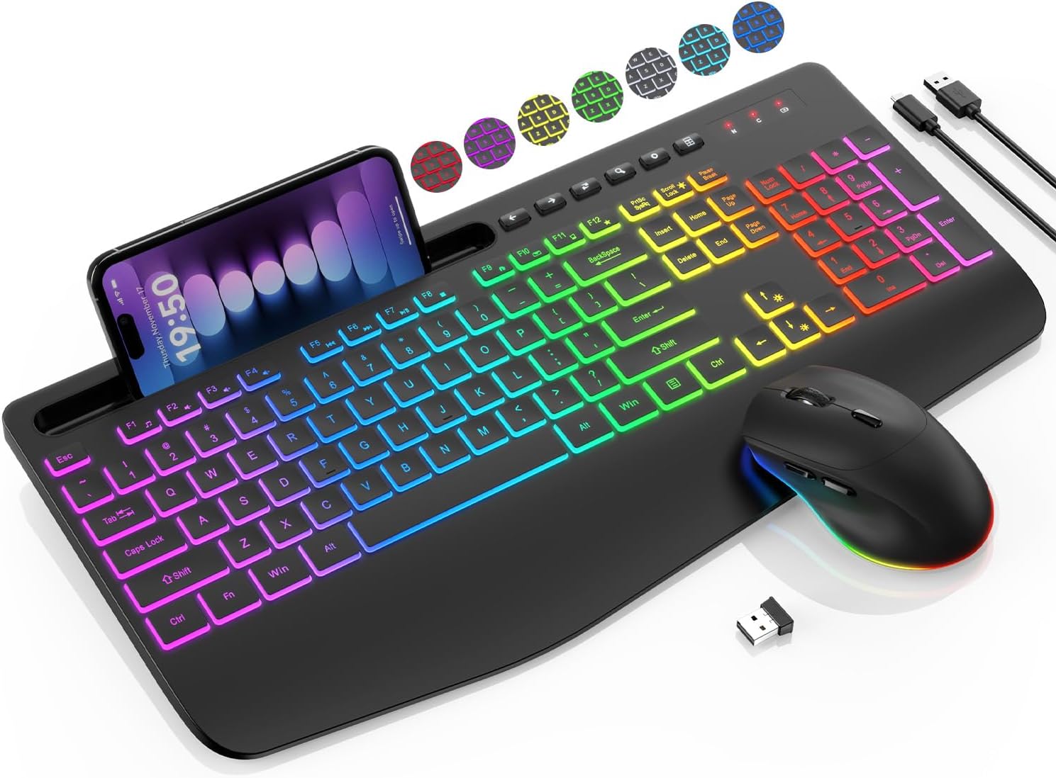 Wireless Keyboard and Mouse Combo – 9 Backlit Effects, RGB, Ergo Wrist Rest, Phone Holder, 2.4G Full Size, Rechargeable, Sleep Mode, KM22 MAX Quiet Set for Computer, PC, Laptop, Mac, Windows- SABLUTE