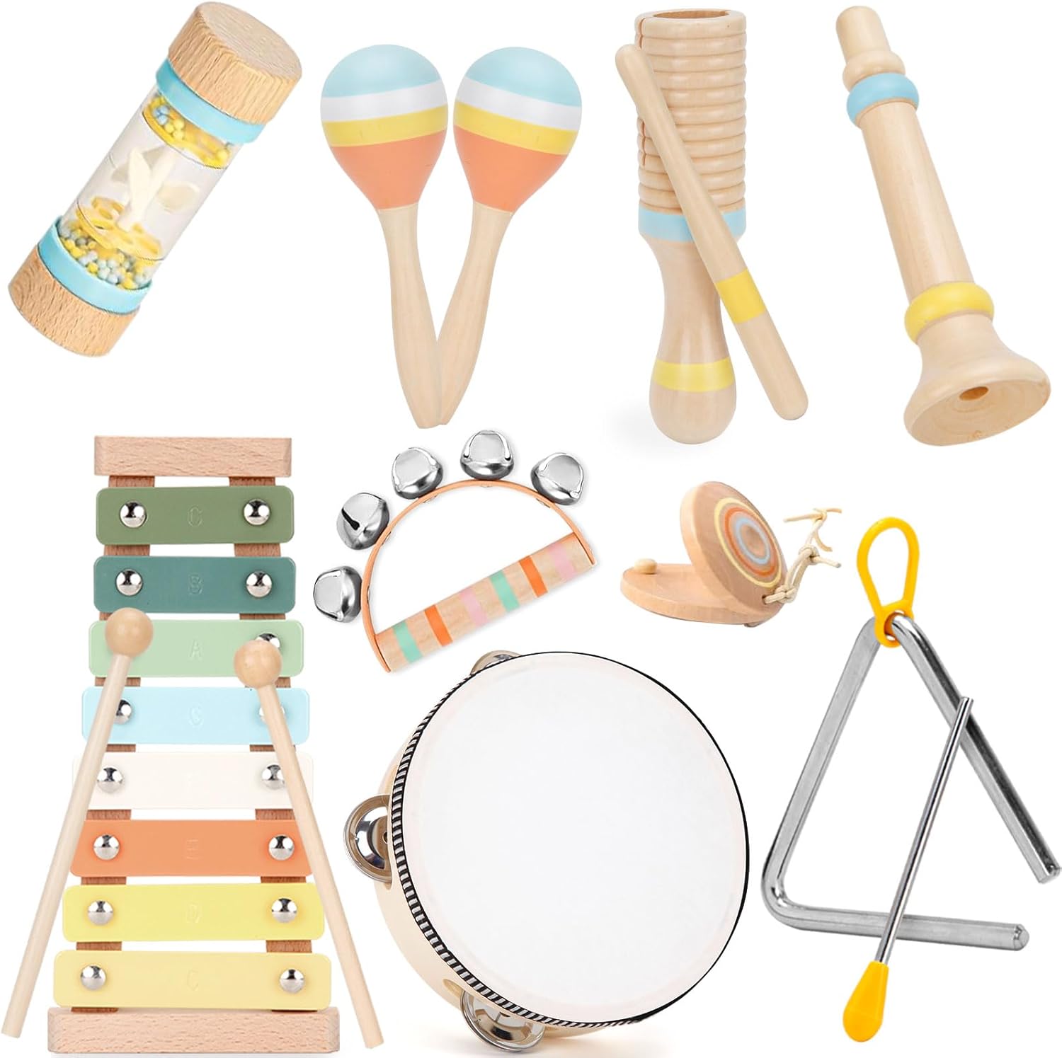 ZJEFUNS Baby Musical Instruments Set Wooden Montessori Toys for Toddlers 1-3 Percussion Instruments Set Modern Boho Music Toys for Kids Preschool Educational.