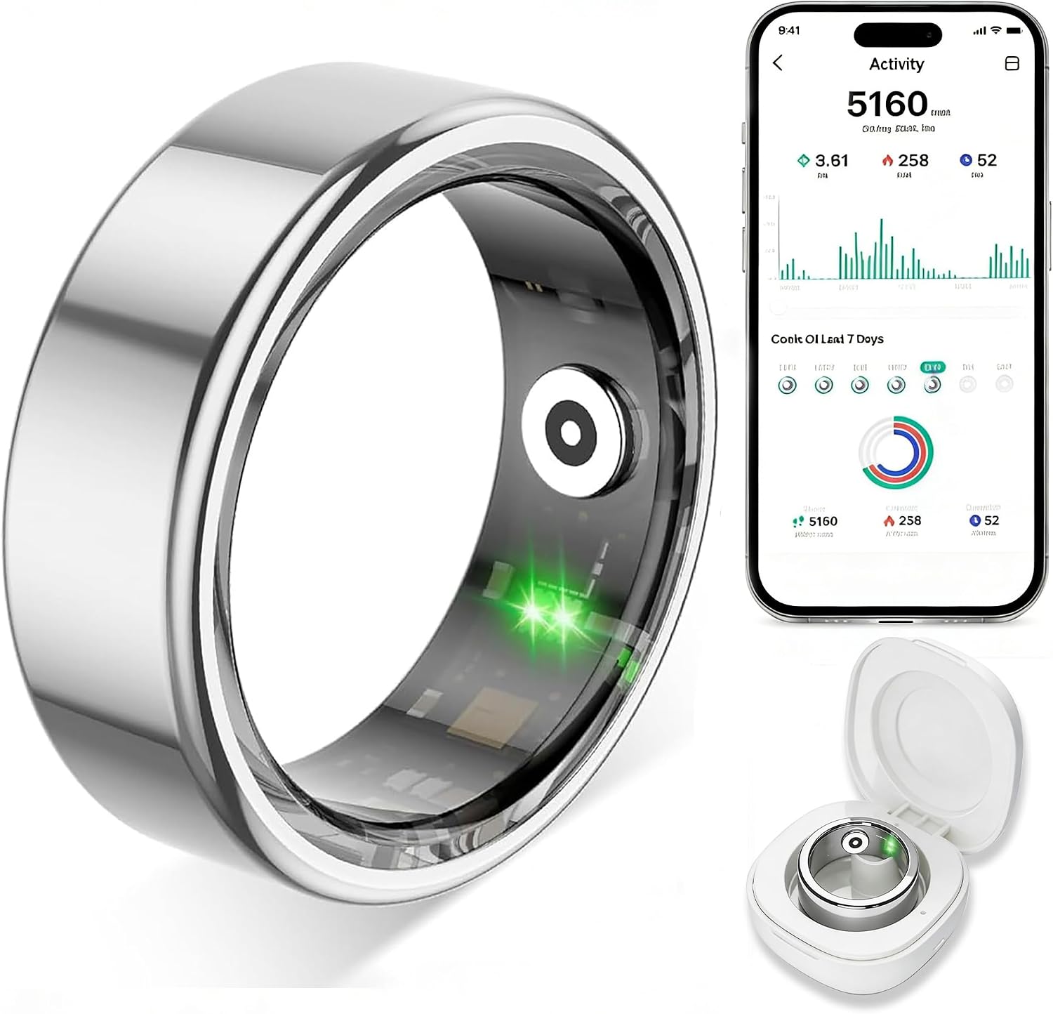 Smart Ring for Women Men,Fitness Tracker Ring with Heart Rate, Sleep Monitoring, Blood Oxygen, Step Counting for iOS and Android, No Subscription Fee, Waterproof (Silver,8)